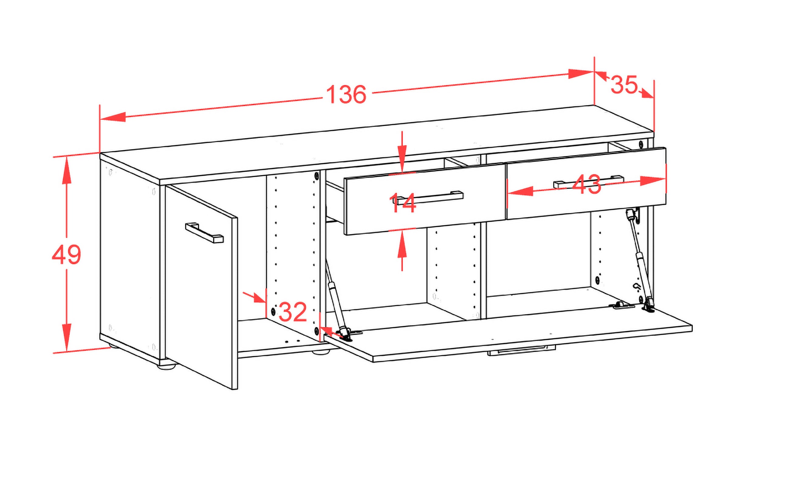 Lowboard - Annabell - Design Farbakzent - Freistehend mit Griffe 136 cm Anthrazit