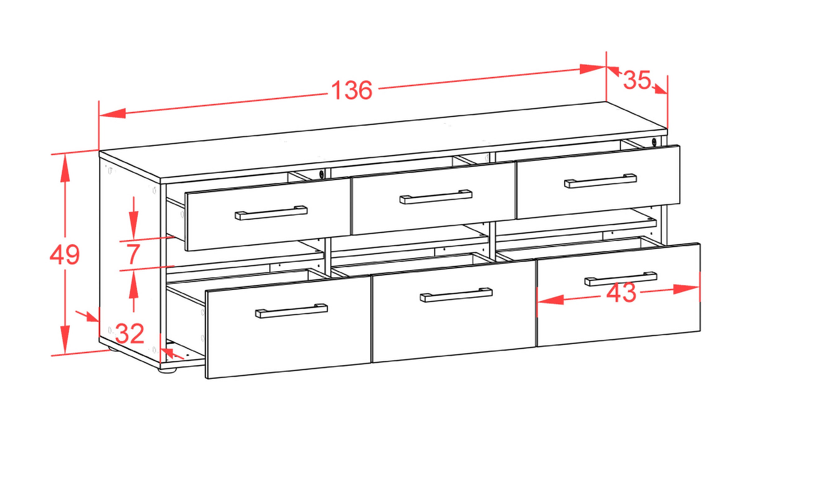 Lowboard - Annalena - Design Holzdekor - Freistehend mit Griffe 136 cm Anthrazit