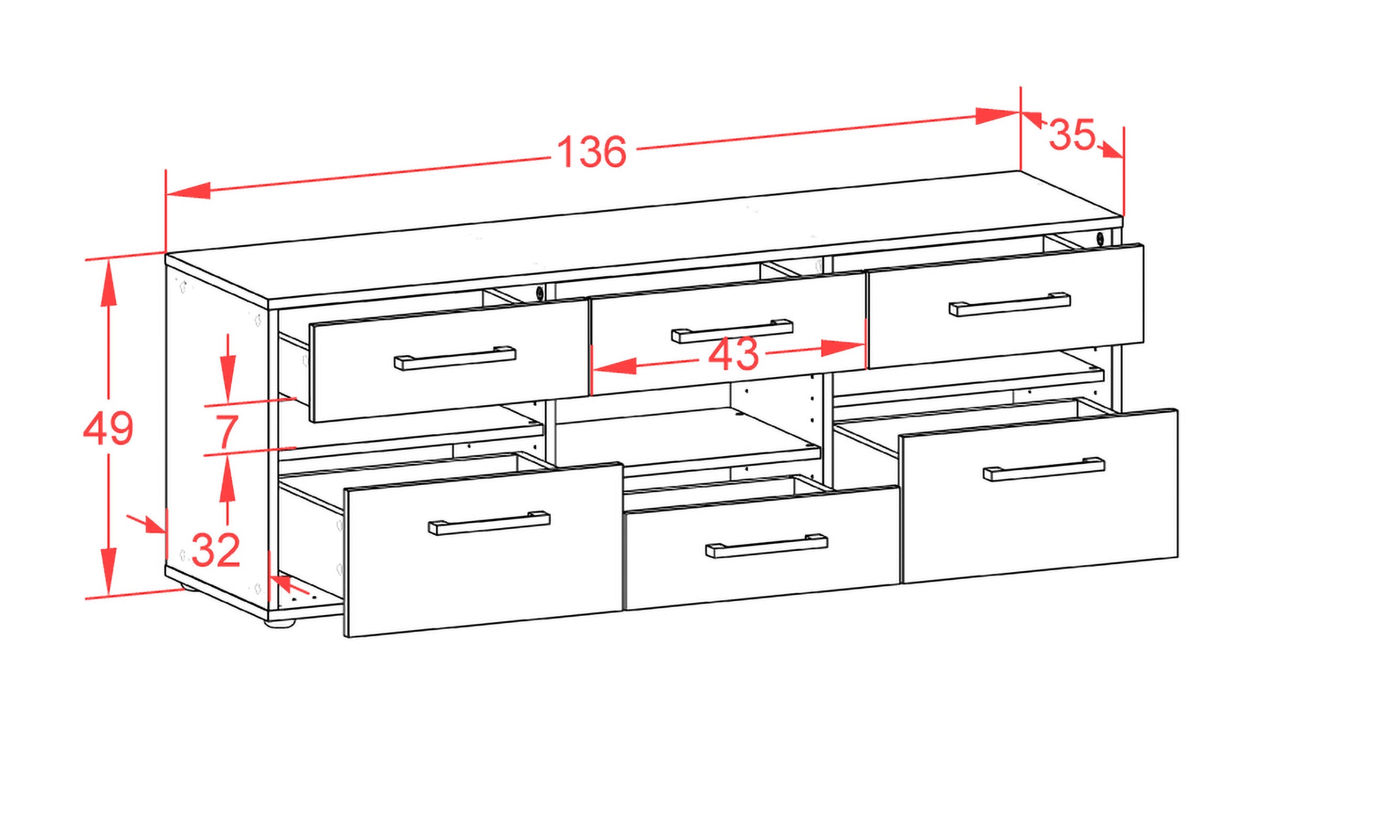 Lowboard - Annamaria - Design Holzdekor - Freistehend mit Griffe 136 cm Weiss