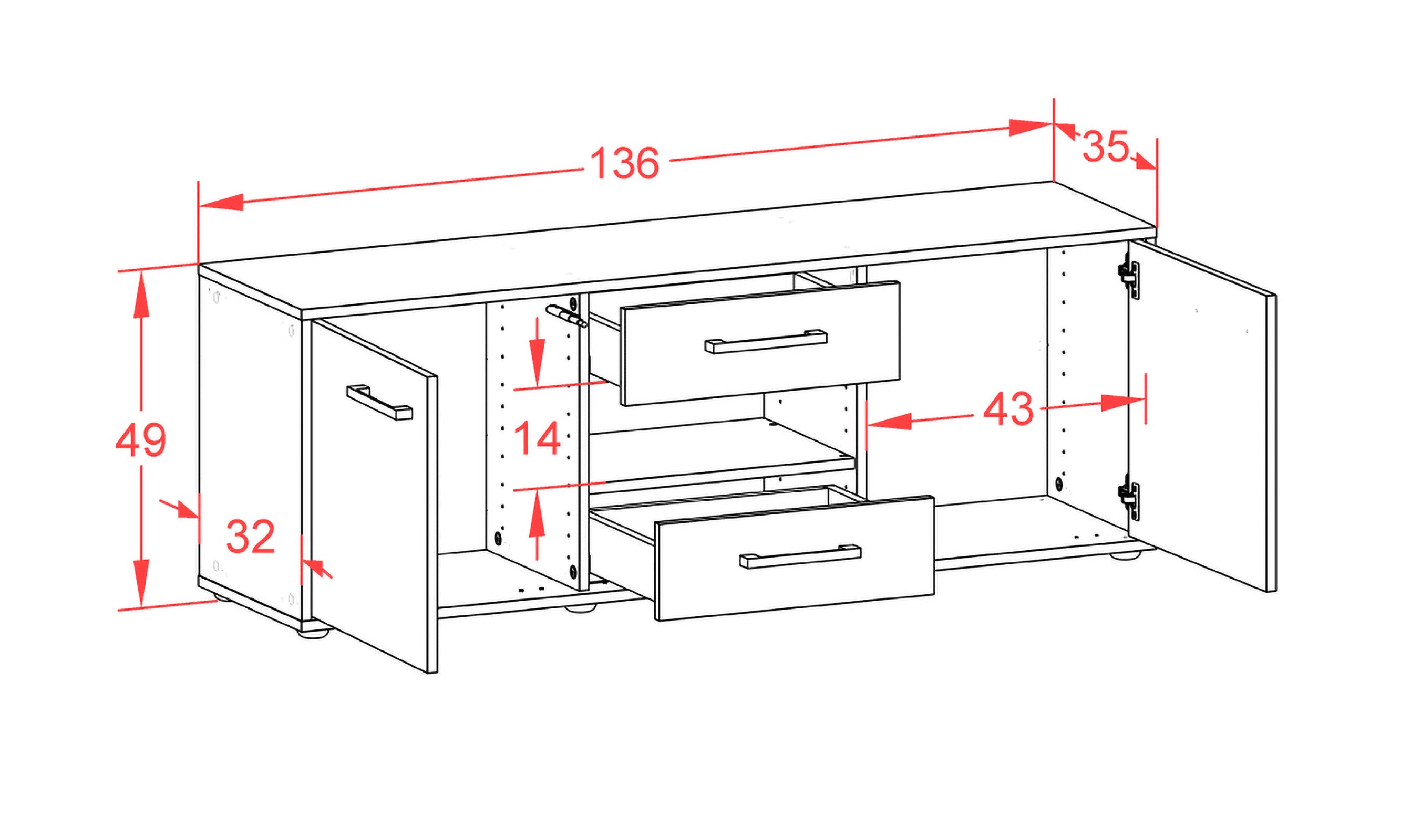 Lowboard - Antonella - Design Farbakzent - Freistehend mit Griffe 136 cm Anthrazit
