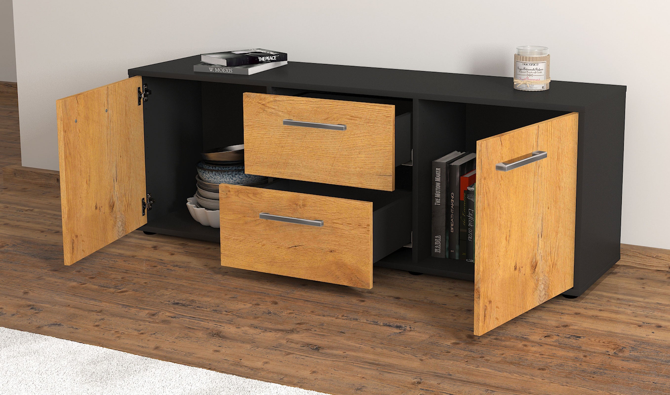 Lowboard - Alma - Design Holzdekor - Freistehend mit Griffe 136 cm Anthrazit