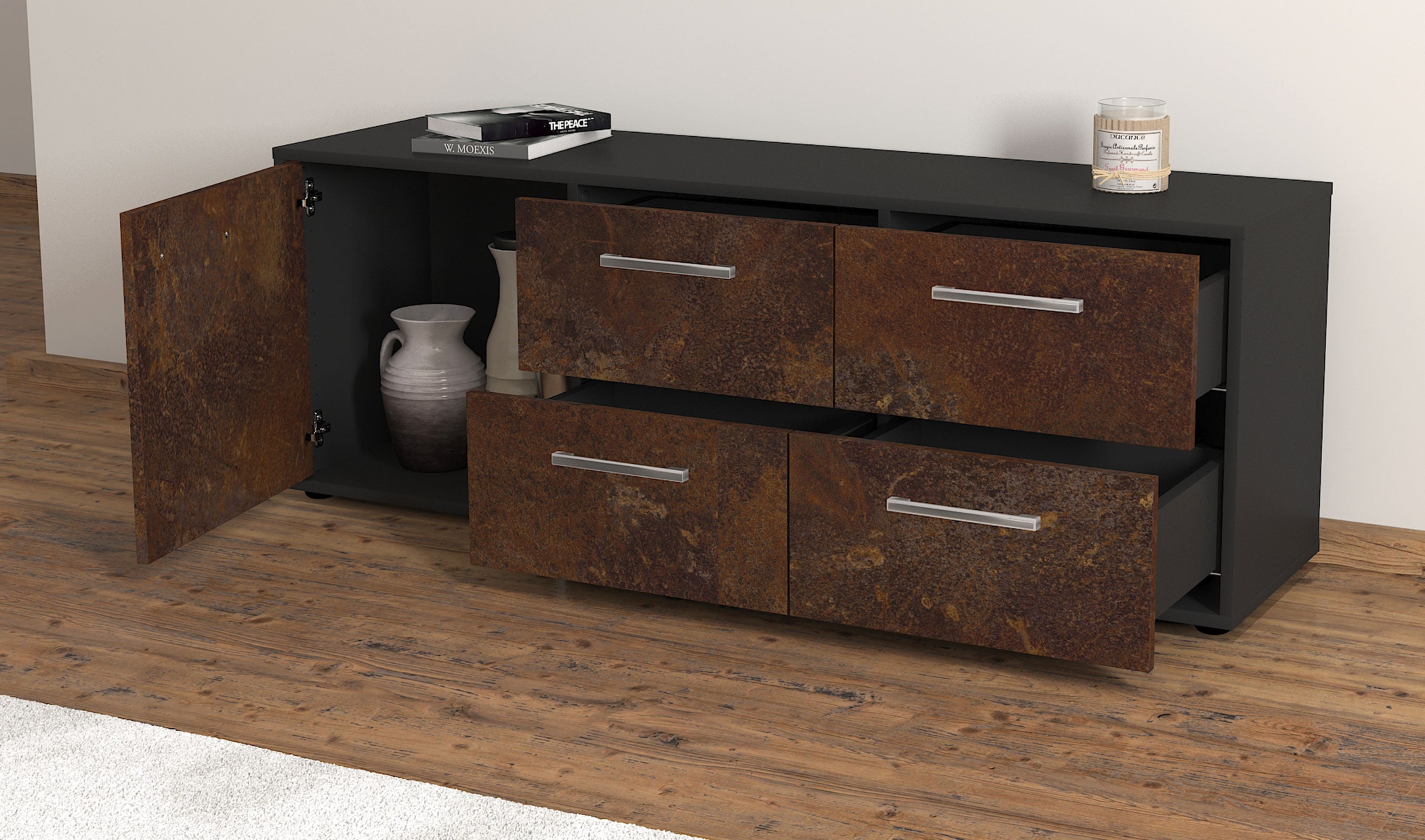 Lowboard - Aloisia - Design Industrie Stil - Freistehend mit Griffe 136 cm Anthrazit
