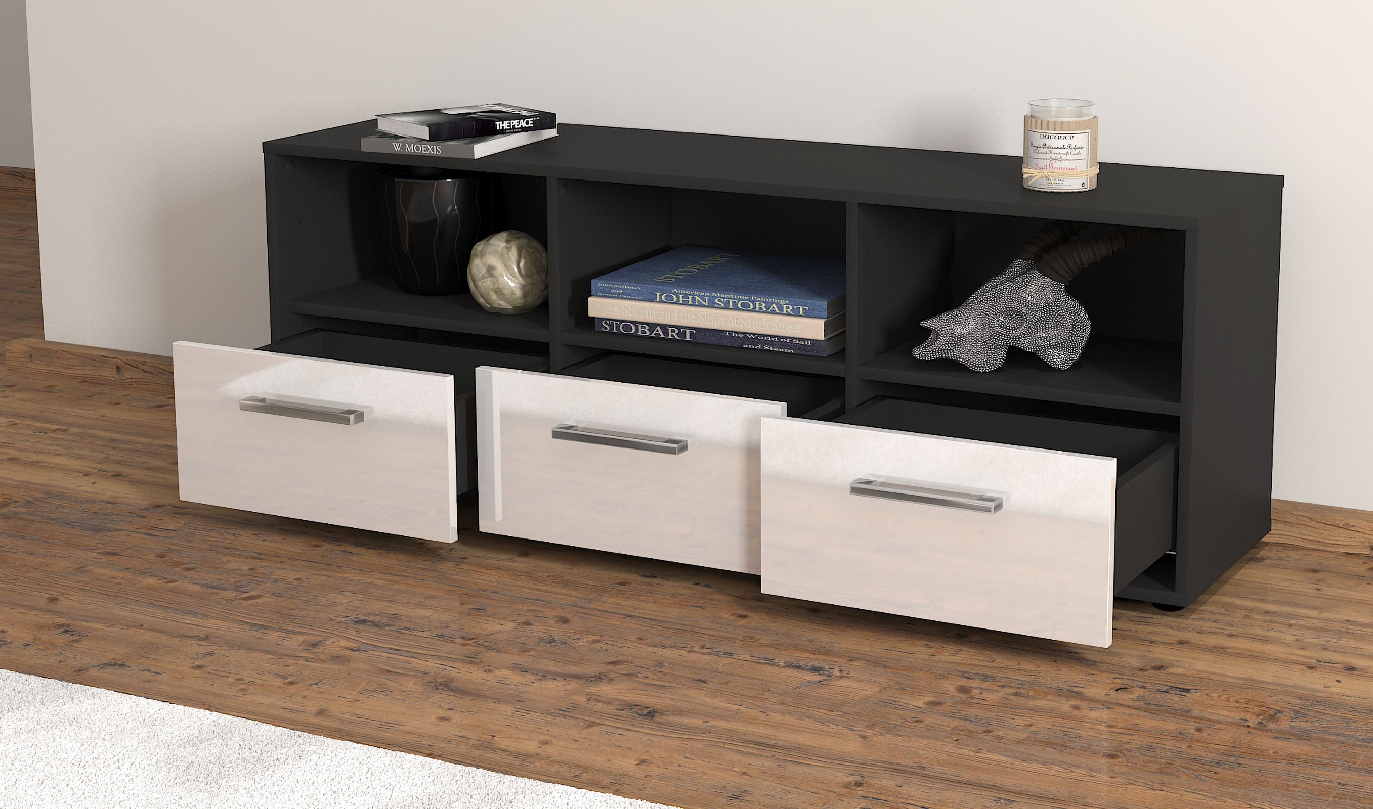 Lowboard - Amalia - Design Hochglanz - Freistehend mit Griffe 136 cm Anthrazit