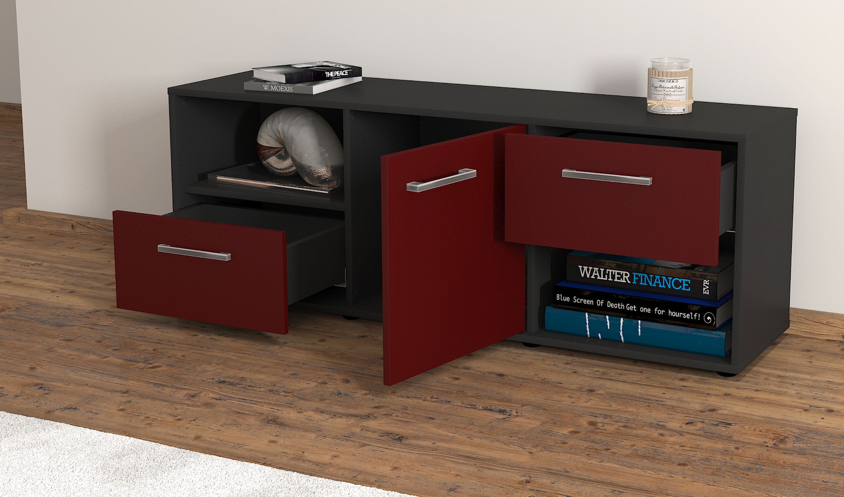 Lowboard - Ambra - Design Farbakzent - Freistehend mit Griffe 136 cm Anthrazit