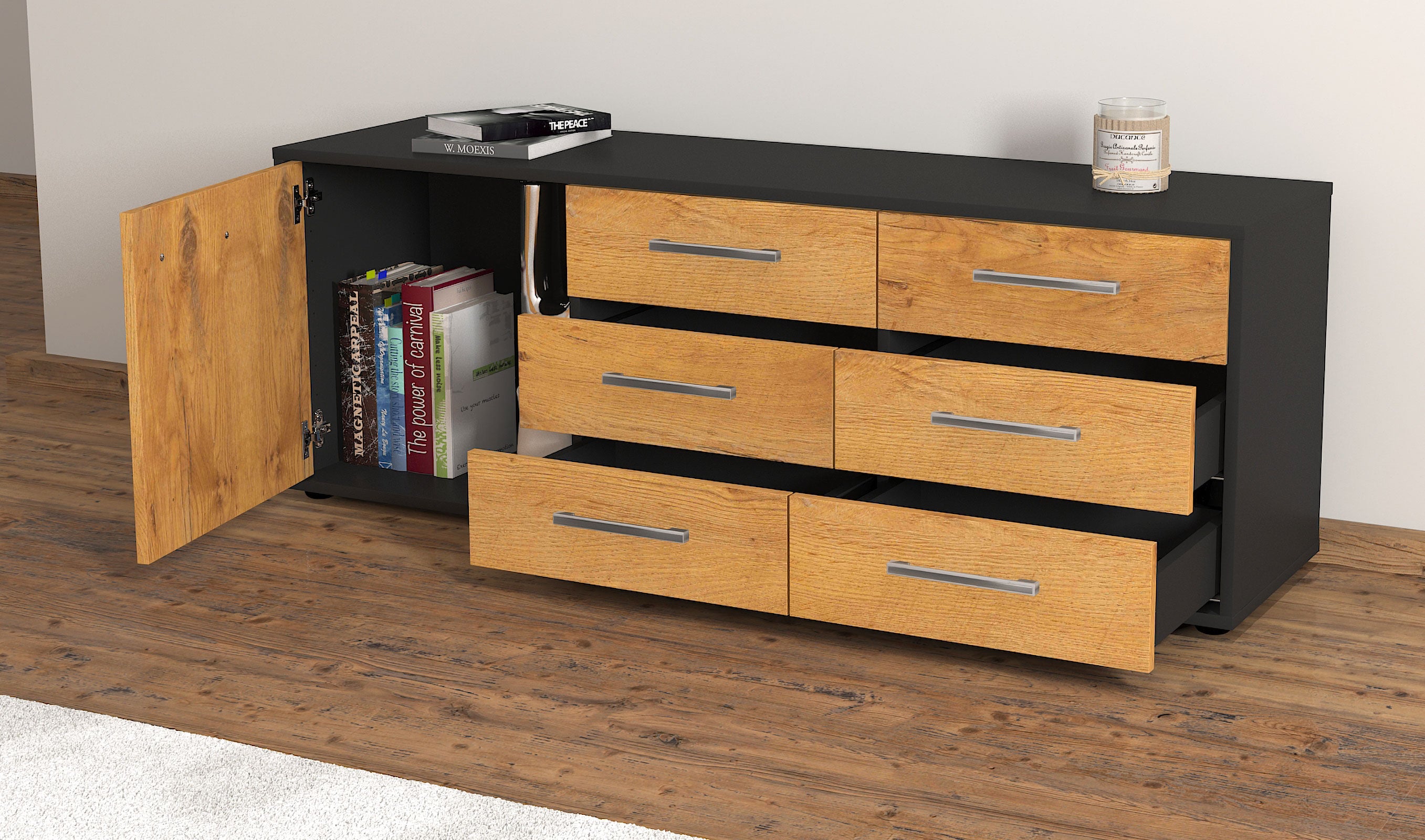 Lowboard - Amedea - Design Holzdekor - Freistehend mit Griffe 136 cm Anthrazit