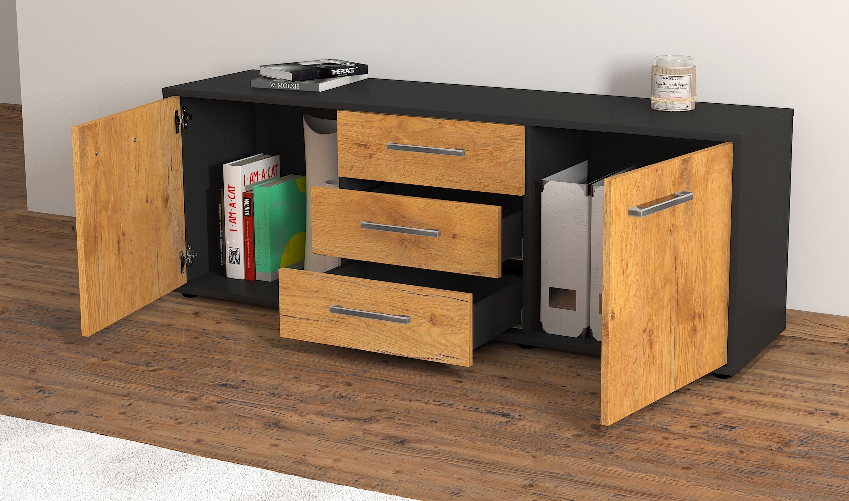 Lowboard - Ameline - Design Holzdekor - Freistehend mit Griffe 136 cm Anthrazit