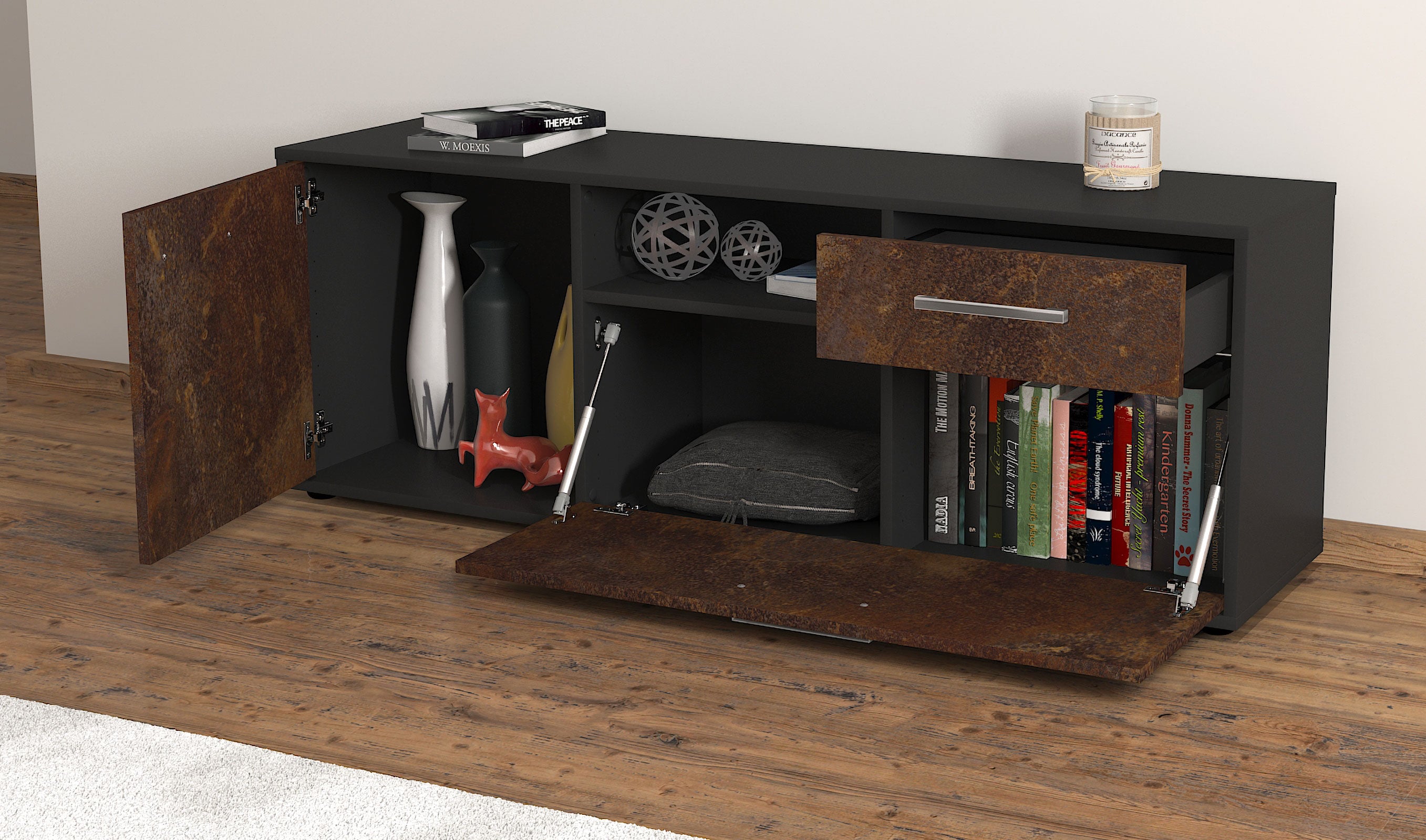 Lowboard - Amila - Design Industrie Stil - Freistehend mit Griffe 136 cm Anthrazit