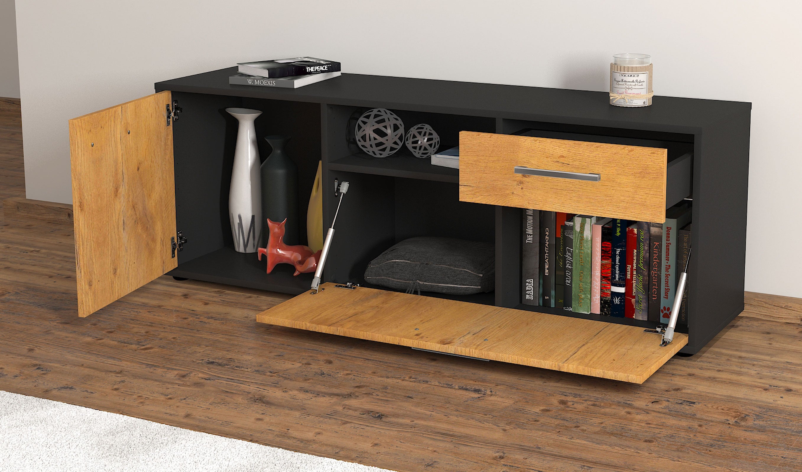 Lowboard - Amila - Design Holzdekor - Freistehend mit Griffe 136 cm Anthrazit