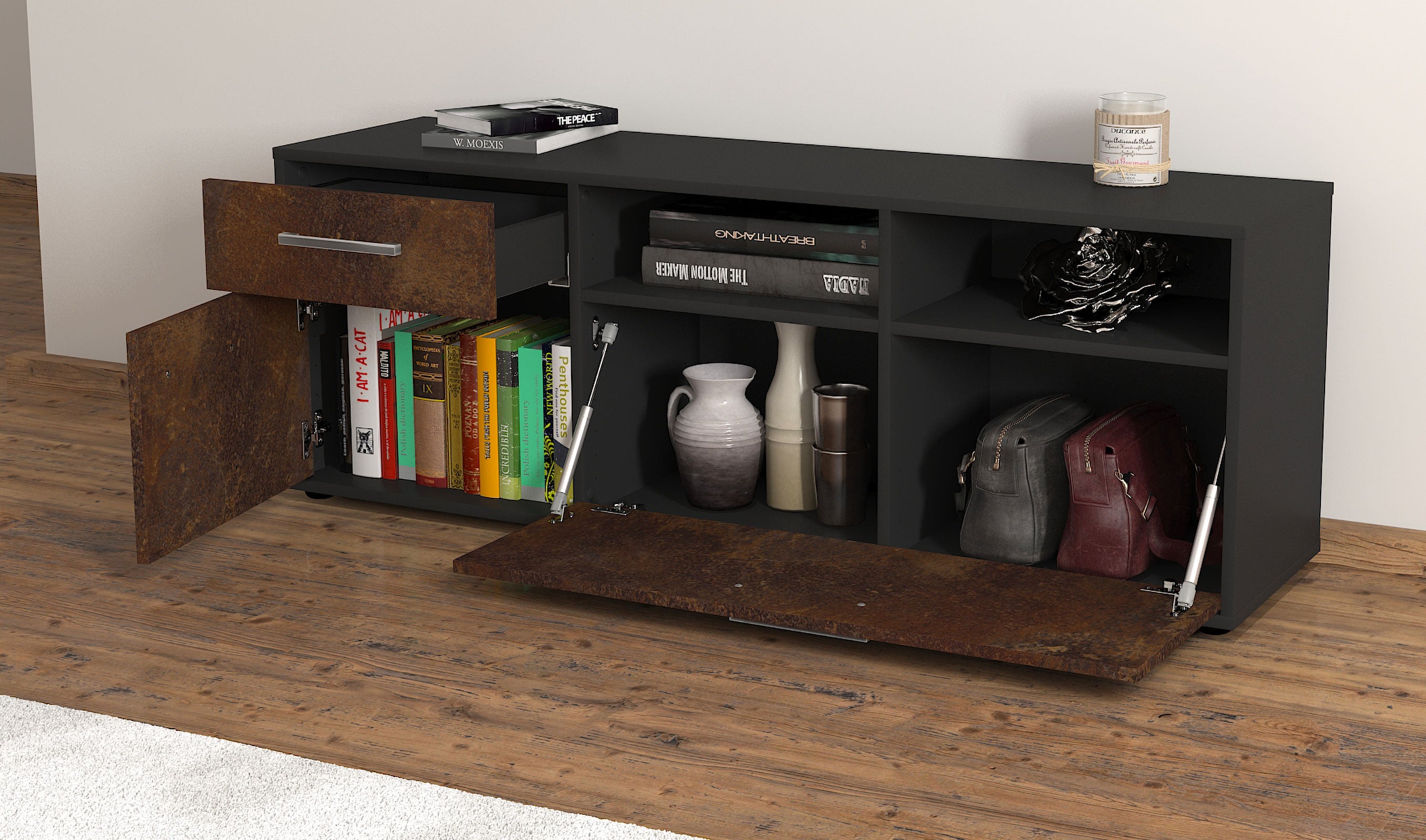 Lowboard - Amisa - Design Industrie Stil - Freistehend mit Griffe 136 cm Anthrazit