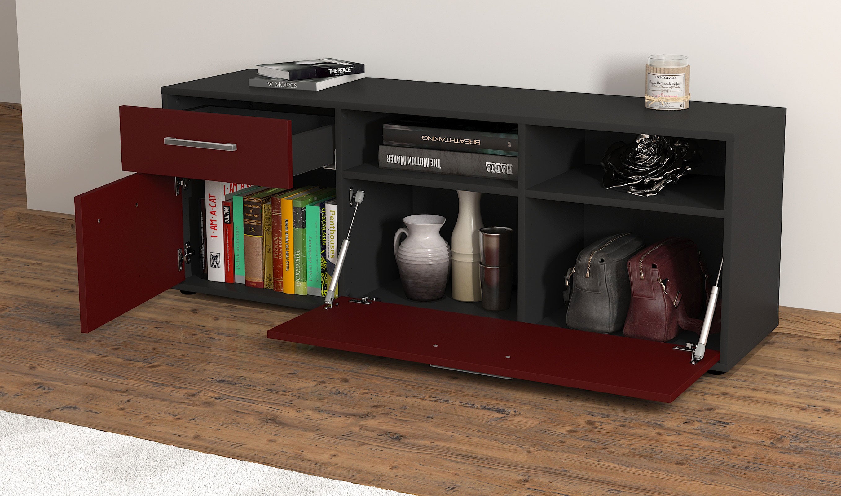 Lowboard - Amisa - Design Farbakzent - Freistehend mit Griffe 136 cm Anthrazit