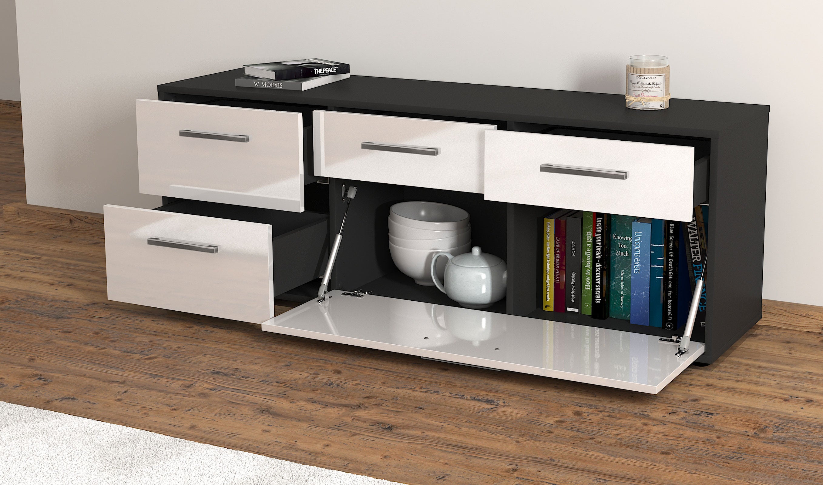 Lowboard - Anais - Design Hochglanz - Freistehend mit Griffe 136 cm Anthrazit