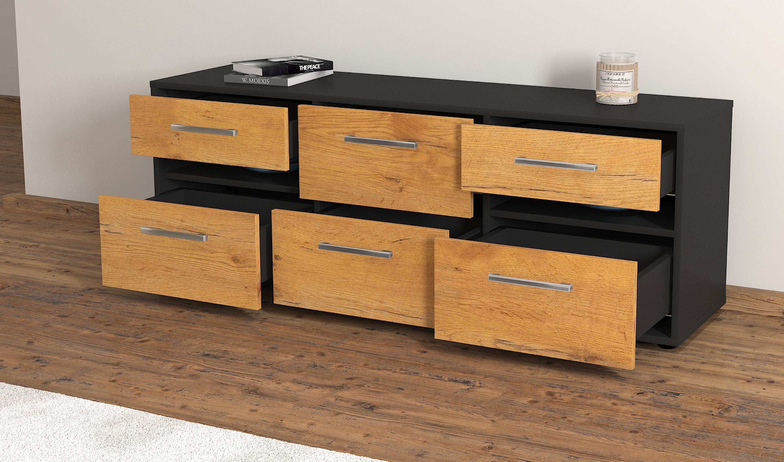 Lowboard - Andrea - Design Holzdekor - Freistehend mit Griffe 136 cm Anthrazit