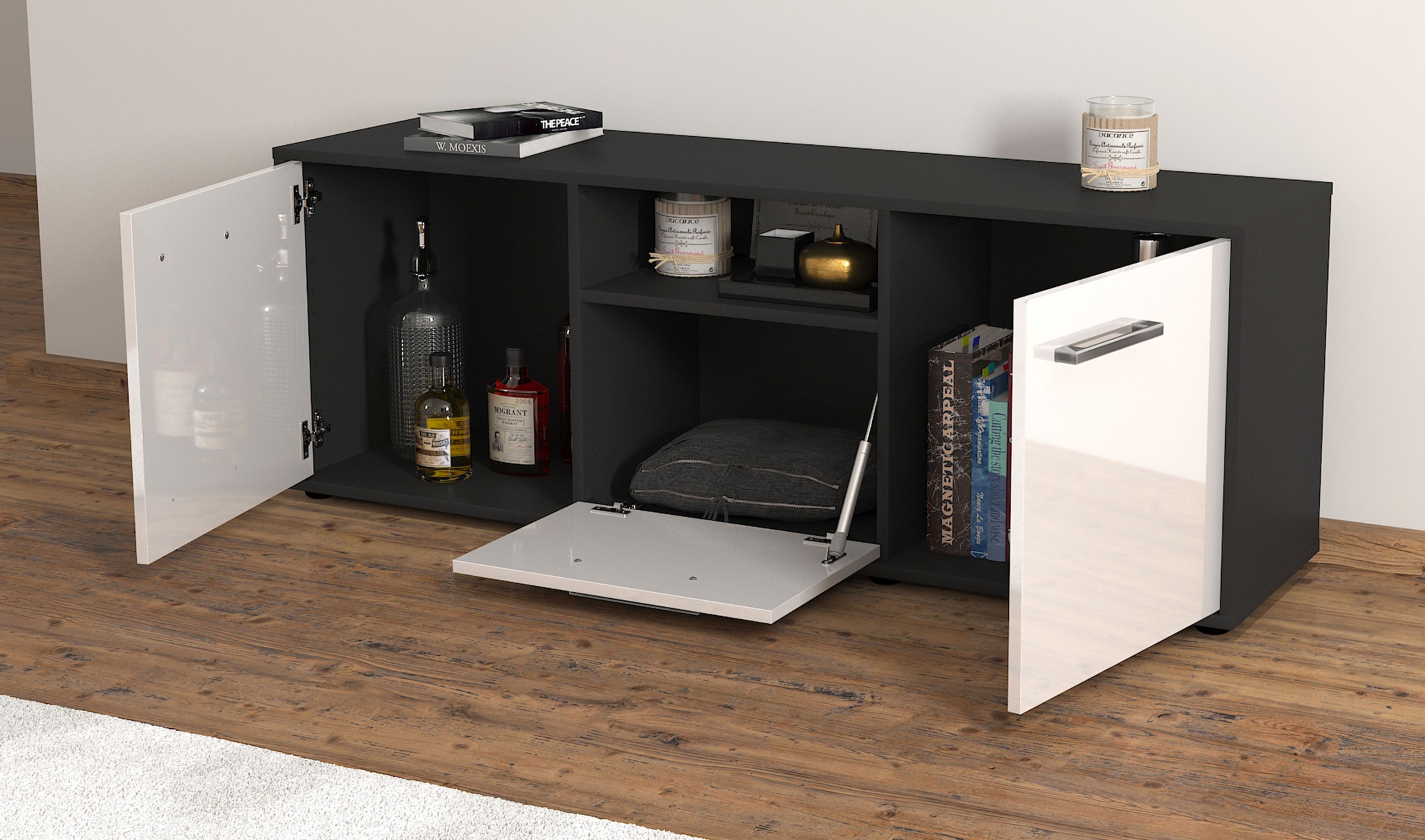 Lowboard - Andreana - Design Hochglanz - Freistehend mit Griffe 136 cm Anthrazit