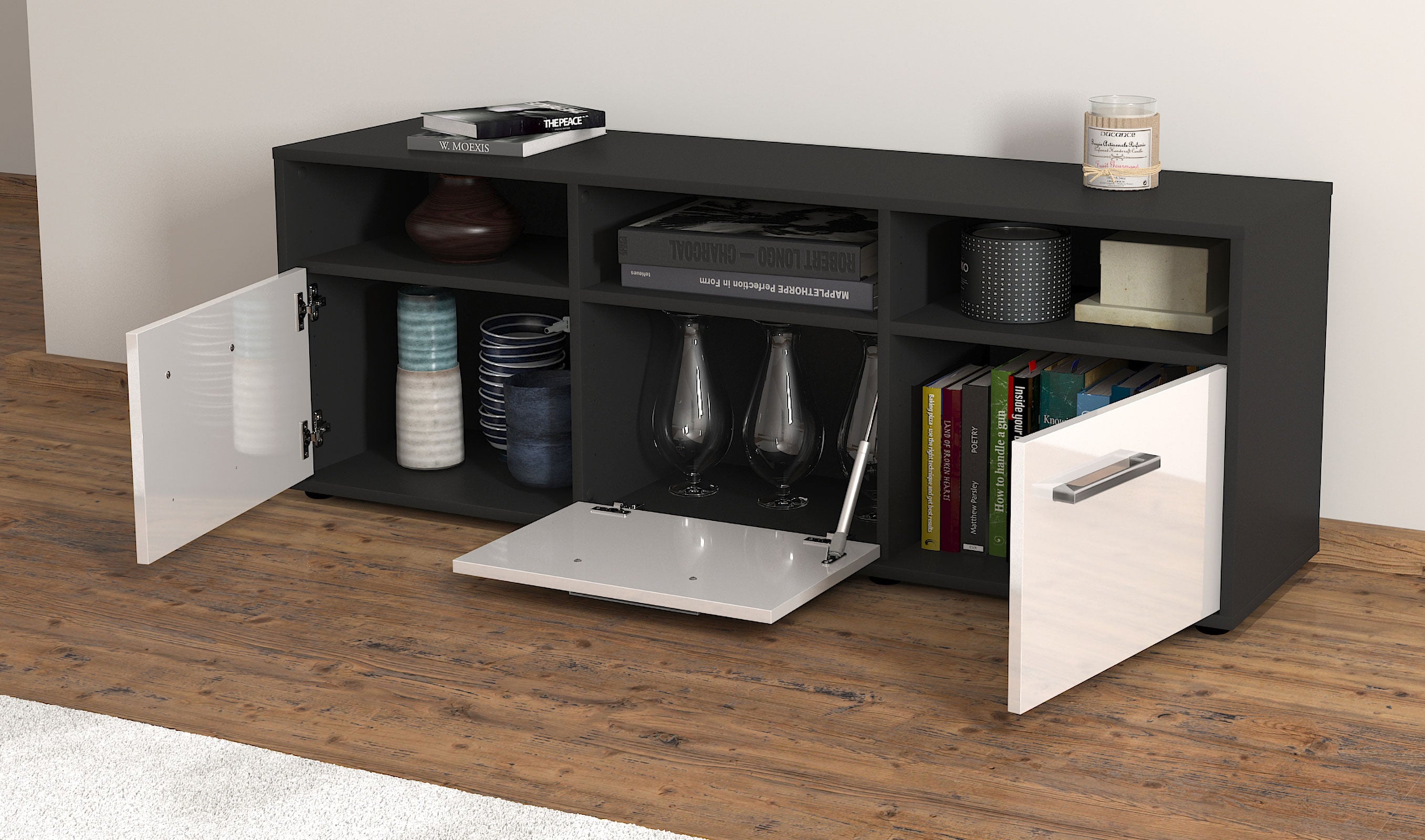Lowboard - Andrina - Design Hochglanz - Freistehend mit Griffe 136 cm Anthrazit
