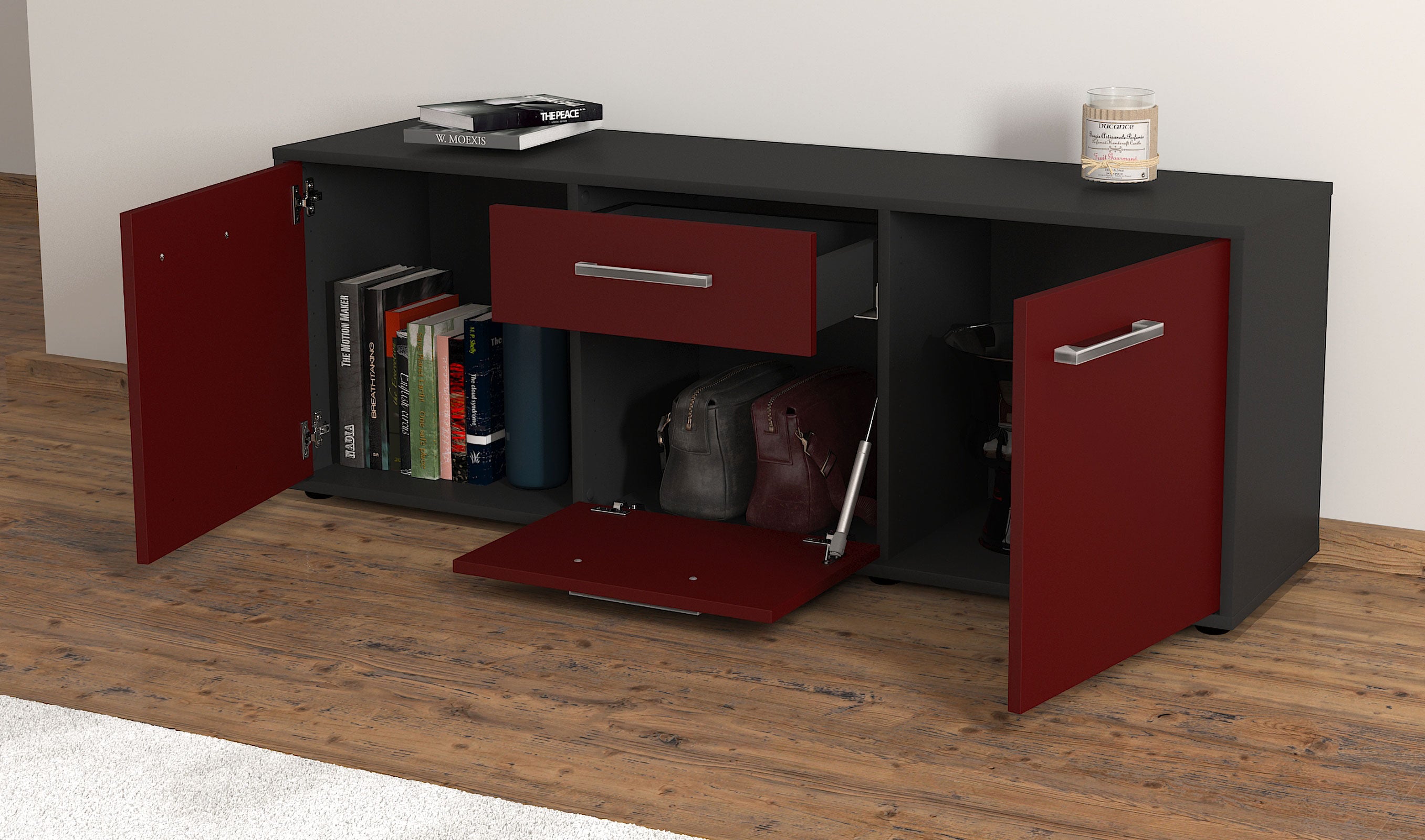 Lowboard - Anella - Design Farbakzent - Freistehend mit Griffe 136 cm Anthrazit