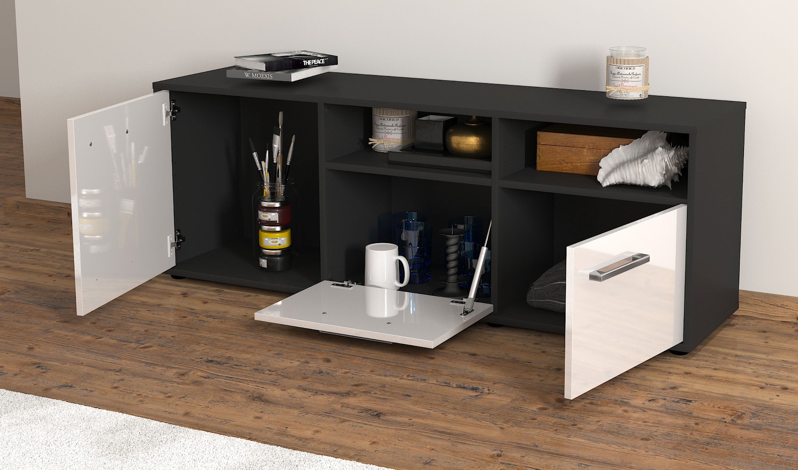 Lowboard - Angelina - Design Hochglanz - Freistehend mit Griffe 136 cm Anthrazit