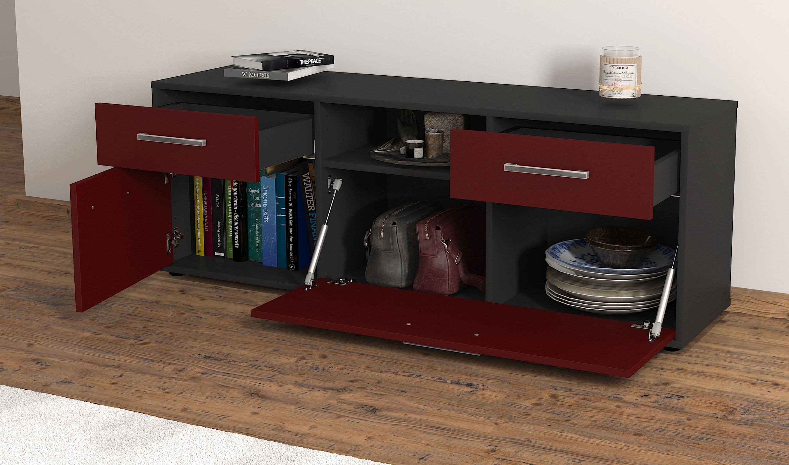 Lowboard - Anita - Design Farbakzent - Freistehend mit Griffe 136 cm Anthrazit