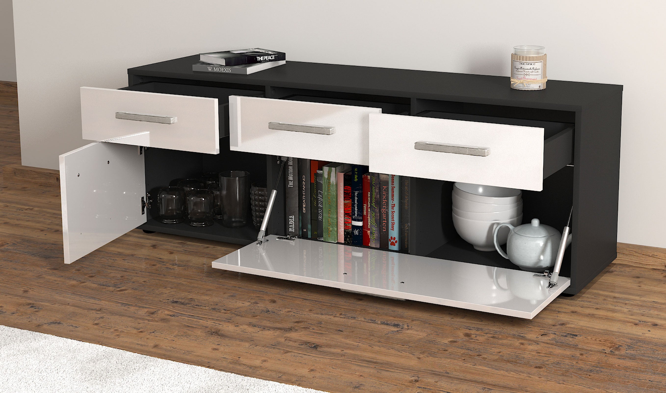 Lowboard - Anjelika - Design Hochglanz - Freistehend mit Griffe 136 cm Anthrazit