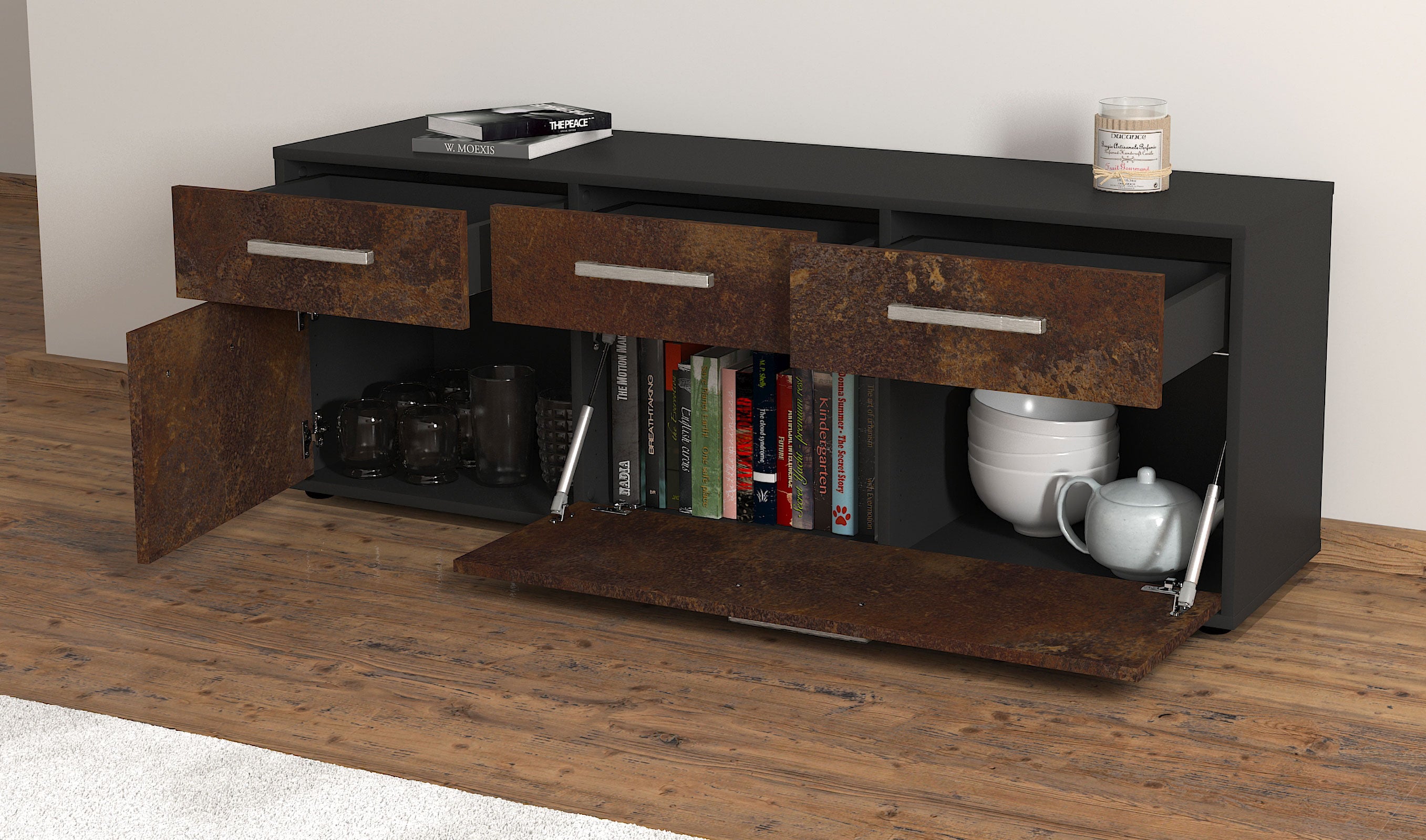 Lowboard - Anjelika - Design Industrie Stil - Freistehend mit Griffe 136 cm Anthrazit
