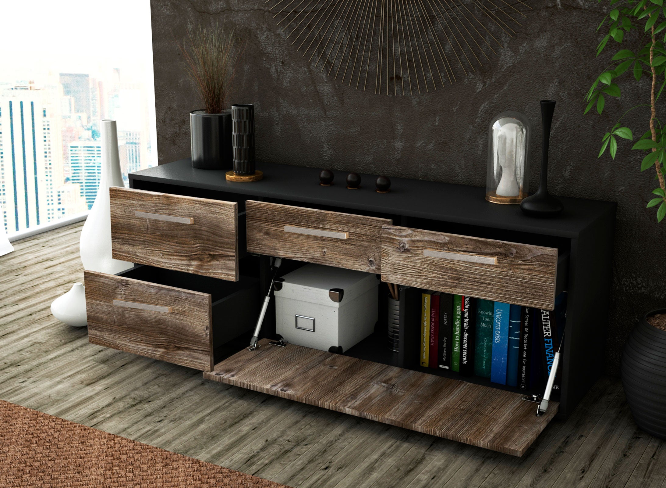 Lowboard - Anna - Design Holzdekor - Freistehend mit Griffe 136 cm Anthrazit