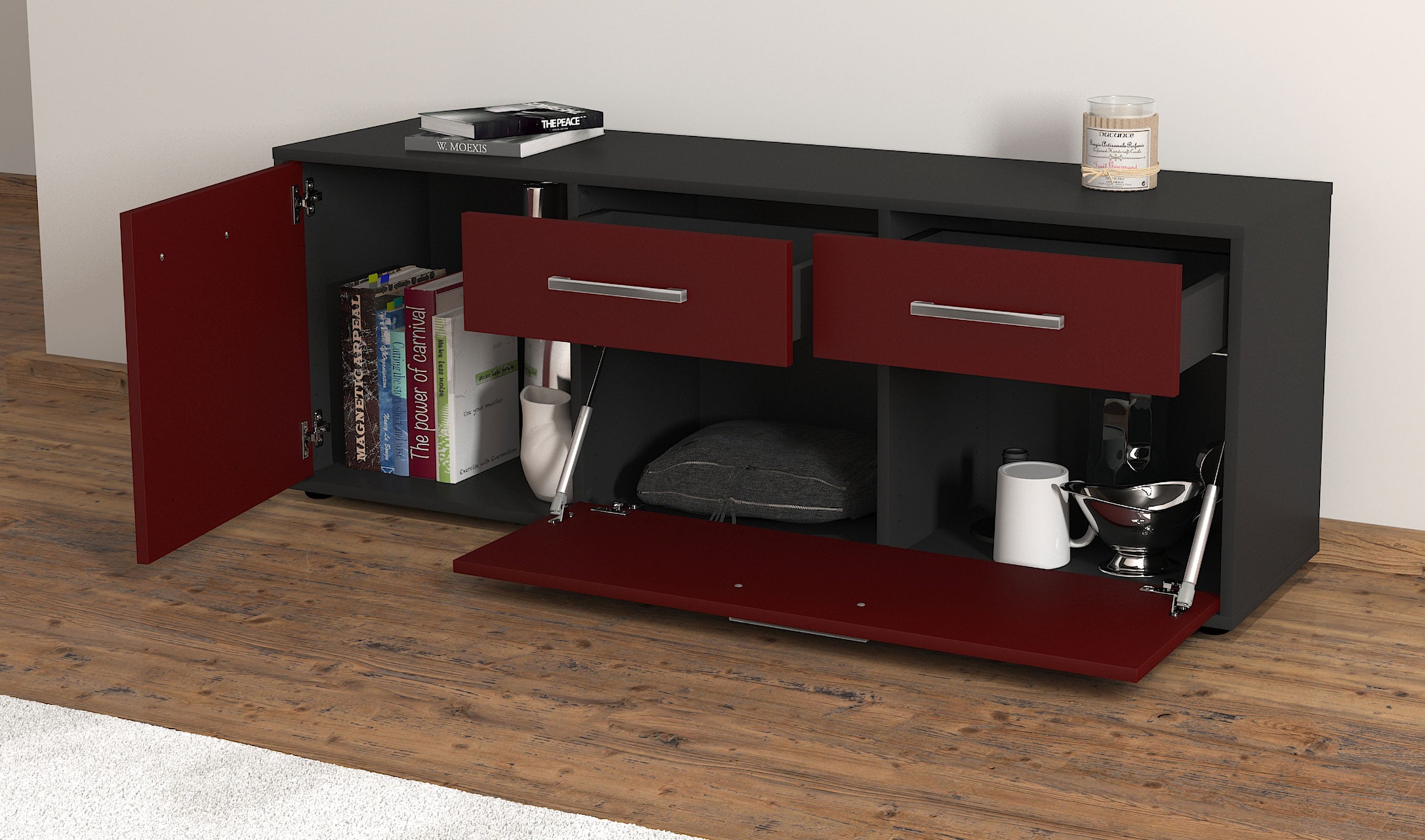 Lowboard - Annabell - Design Farbakzent - Freistehend mit Griffe 136 cm Anthrazit