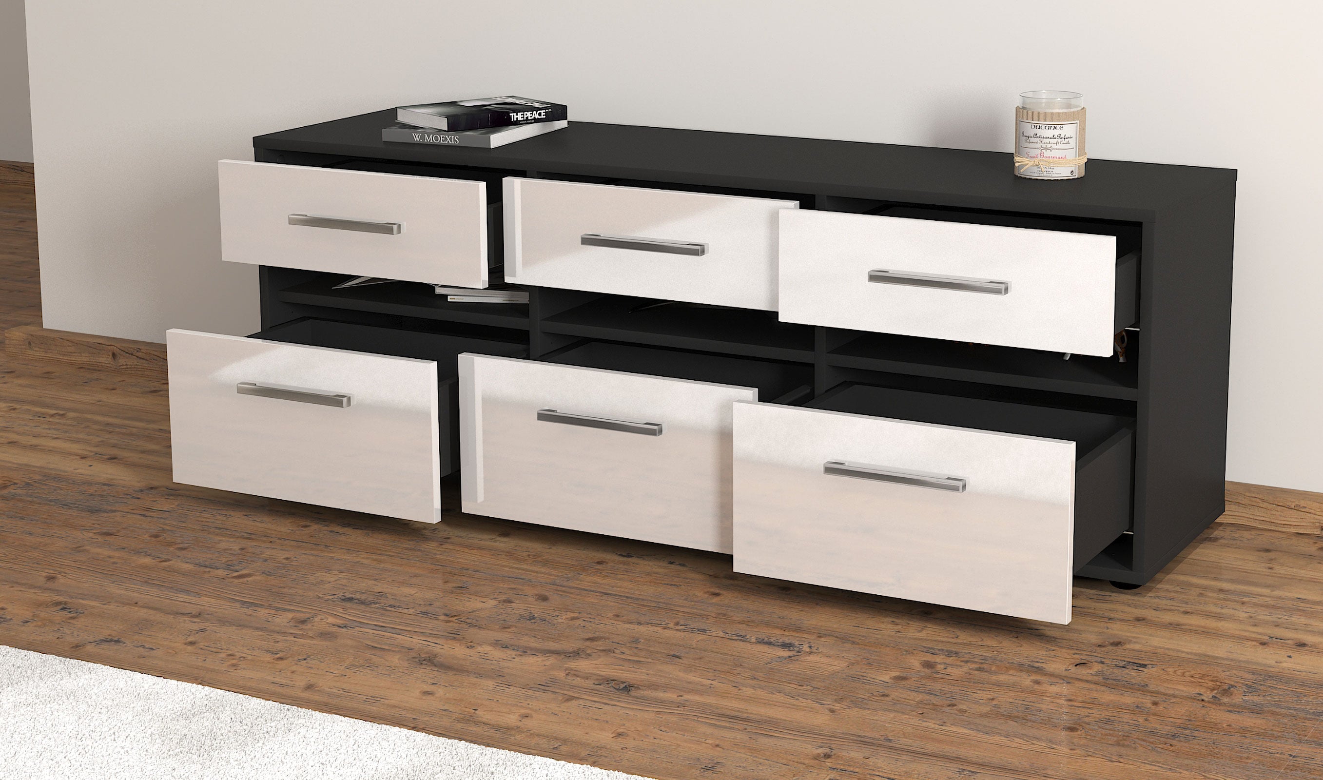 Lowboard - Annalena - Design Hochglanz - Freistehend mit Griffe 136 cm Anthrazit