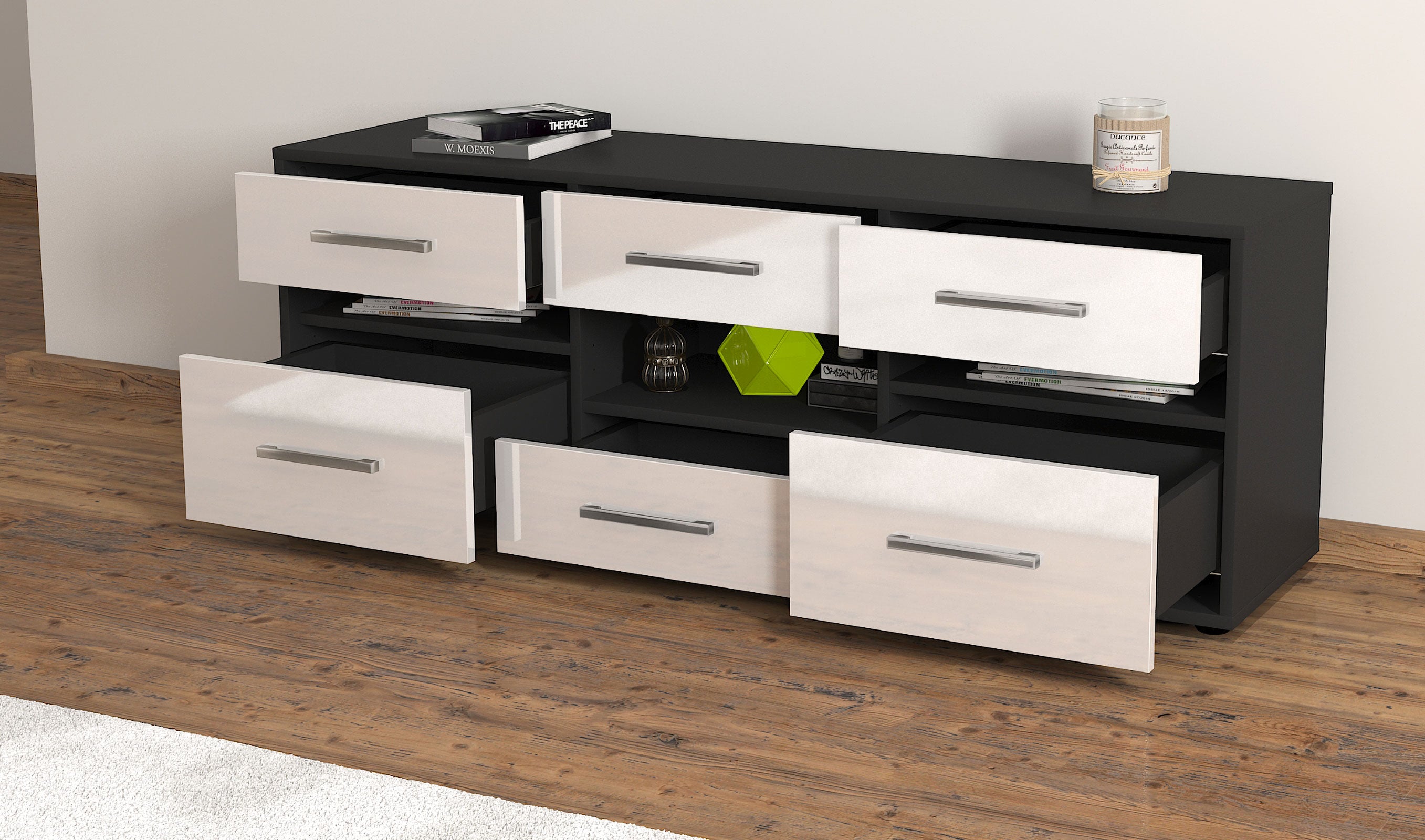 Lowboard - Annamaria - Design Hochglanz - Freistehend mit Griffe 136 cm Anthrazit