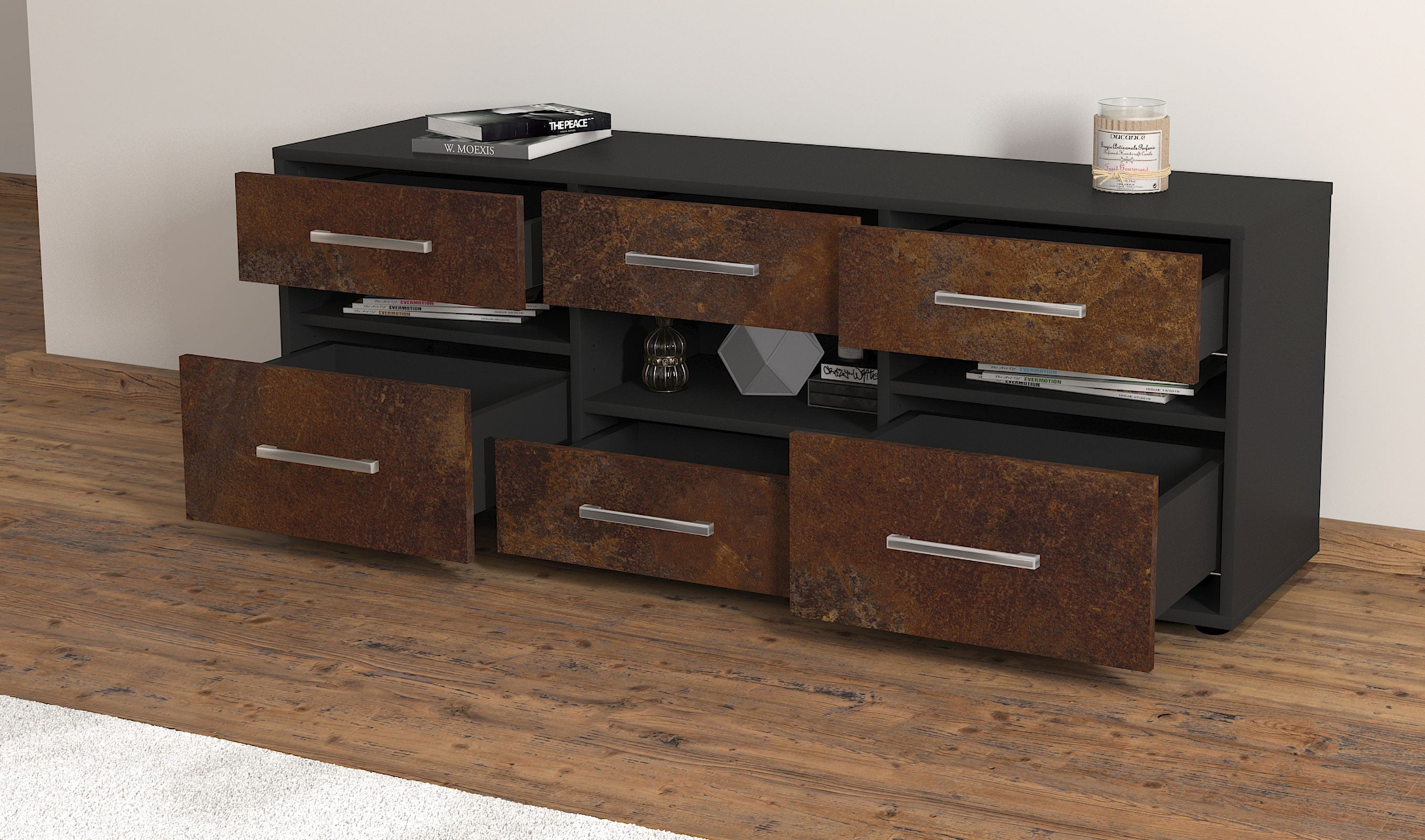 Lowboard - Annamaria - Design Industrie Stil - Freistehend mit Griffe 136 cm Anthrazit