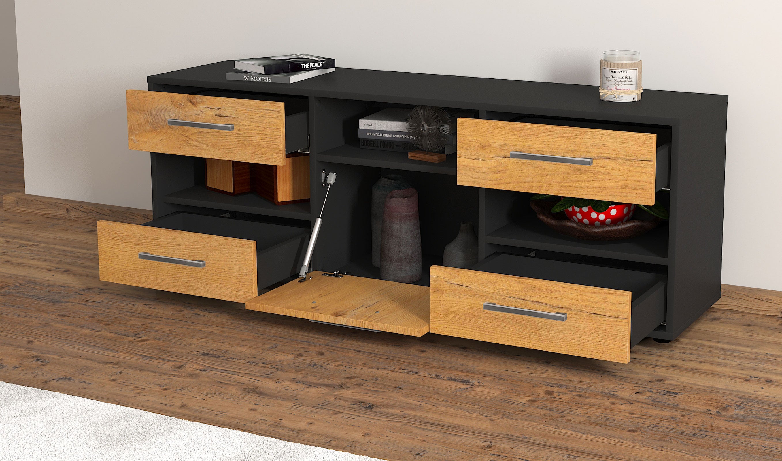 Lowboard - Annina - Design Holzdekor - Freistehend mit Griffe 136 cm Anthrazit