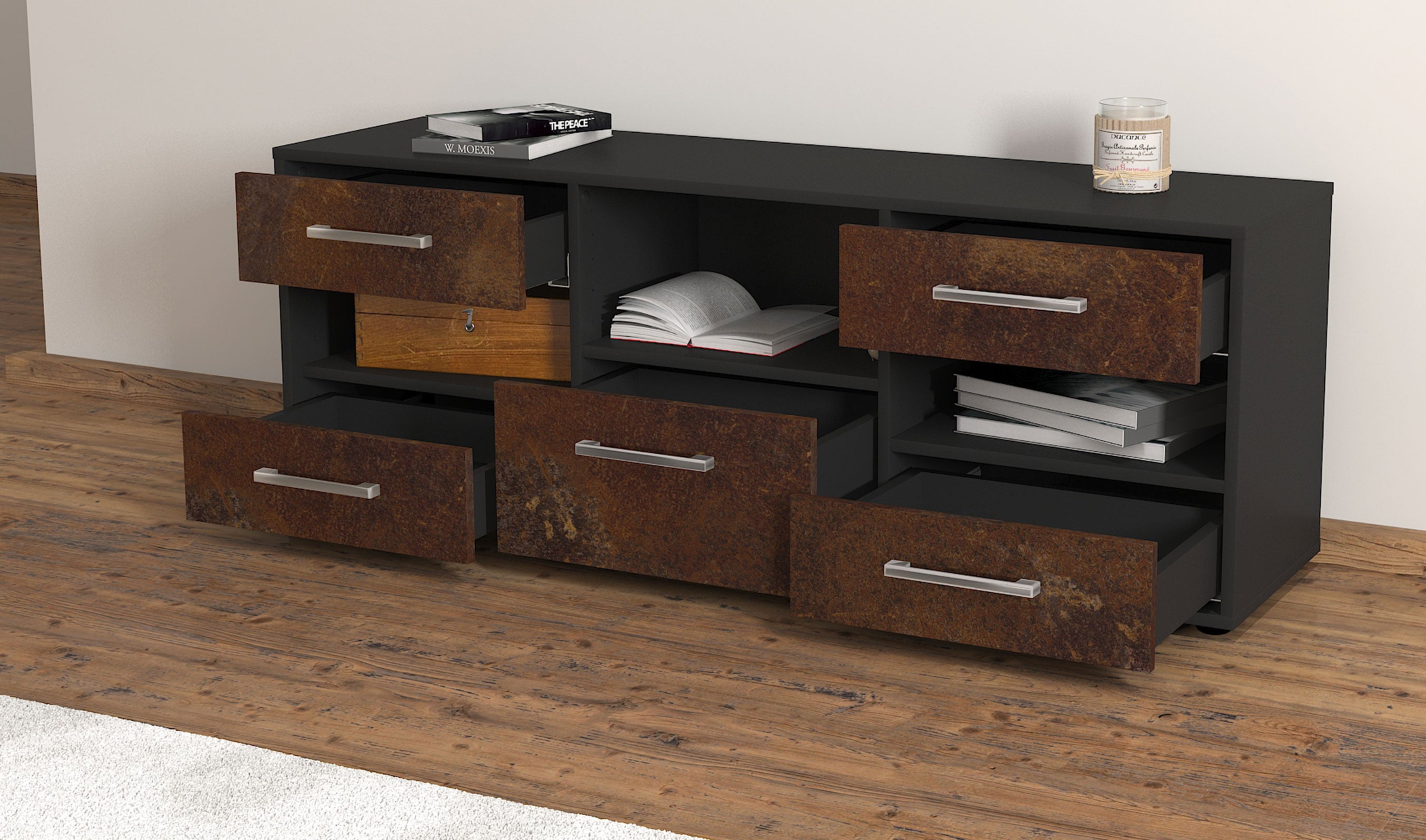 Lowboard - Annunziata - Design Industrie Stil - Freistehend mit Griffe 136 cm Anthrazit