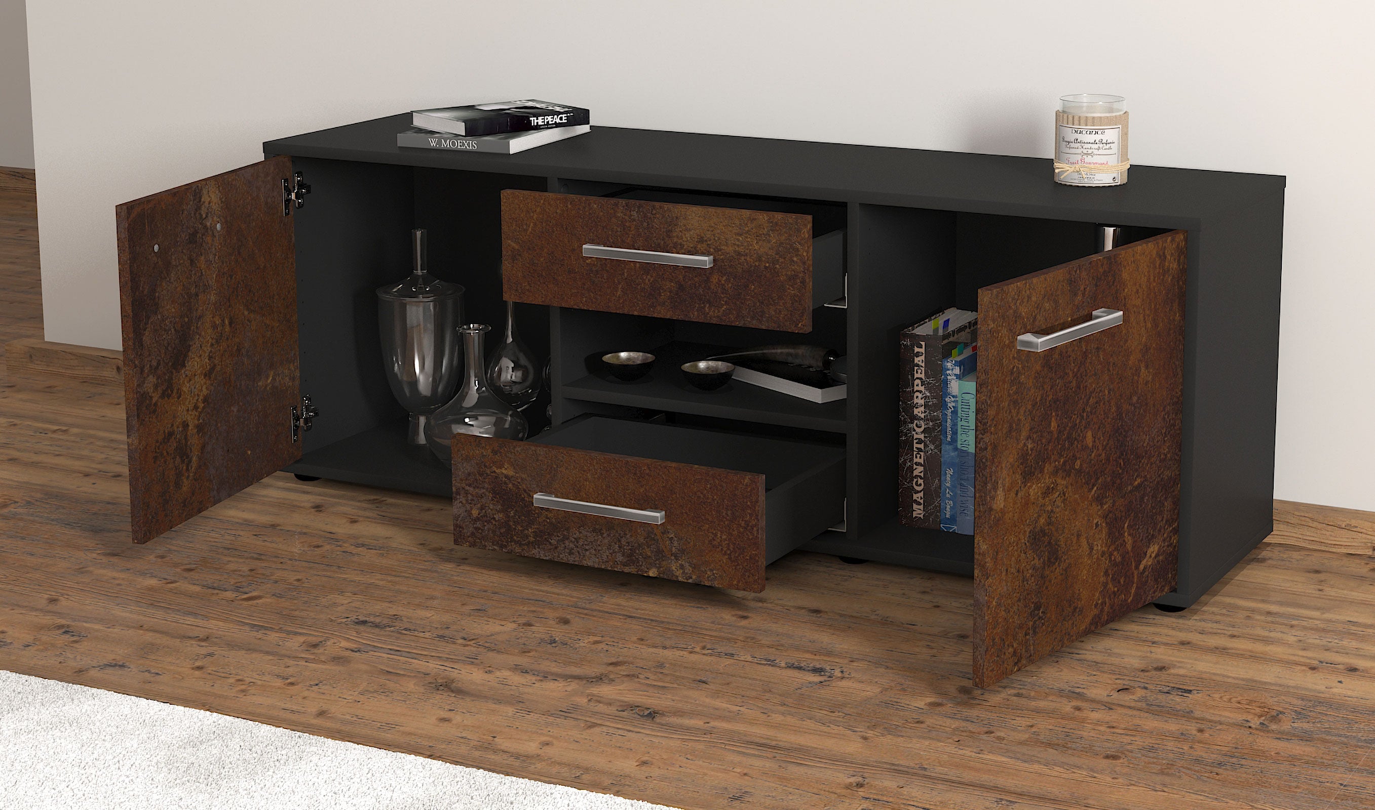 Lowboard - Antonella - Design Industrie Stil - Freistehend mit Griffe 136 cm Anthrazit