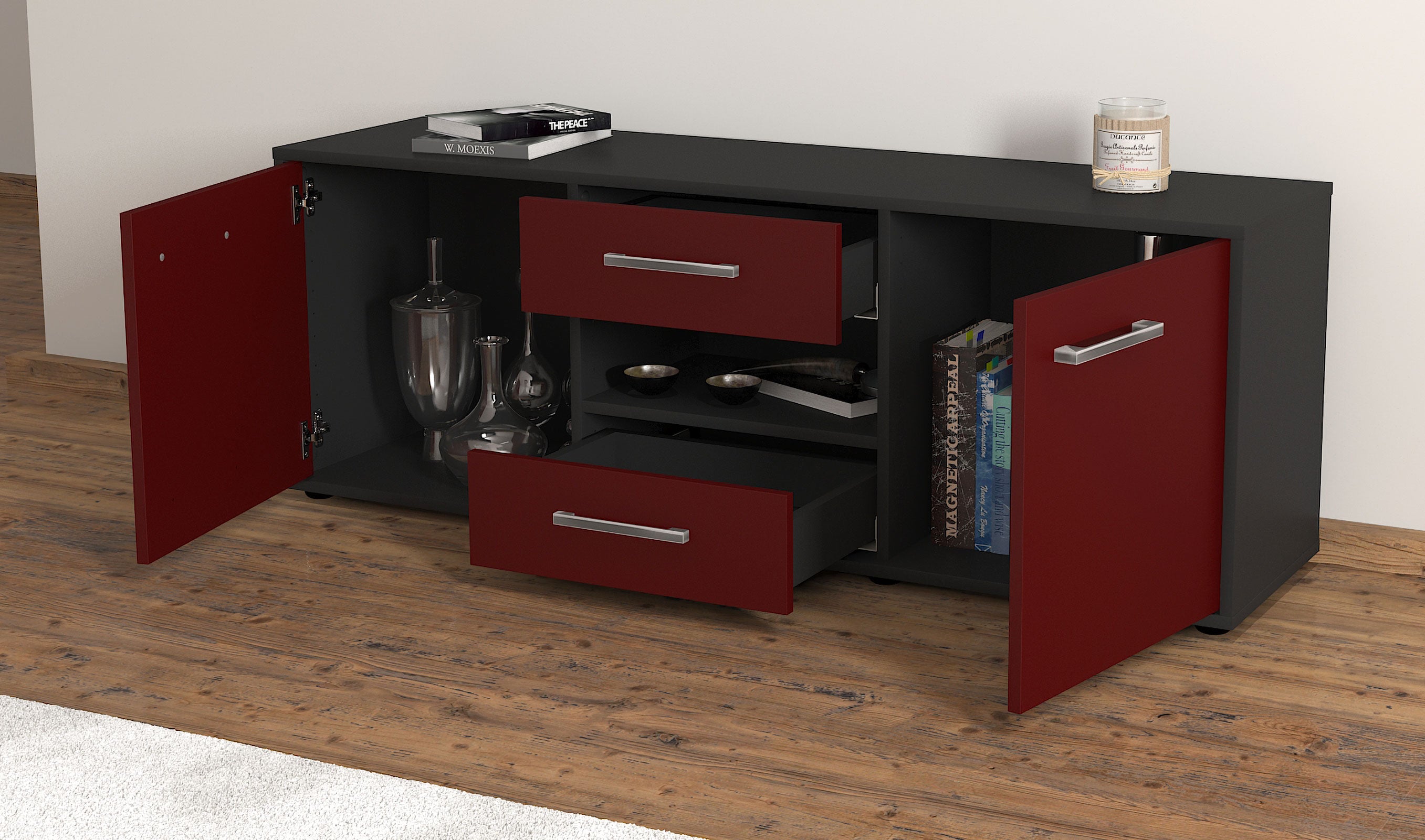 Lowboard - Antonella - Design Farbakzent - Freistehend mit Griffe 136 cm Anthrazit