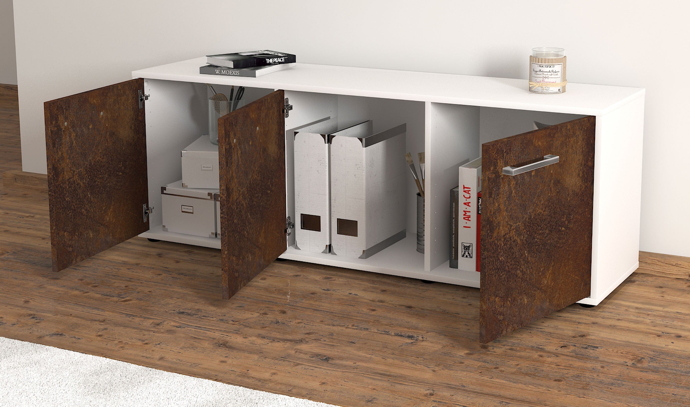 Lowboard - Allegra - Design Industrie Stil - Freistehend mit Griffe 136 cm Weiss