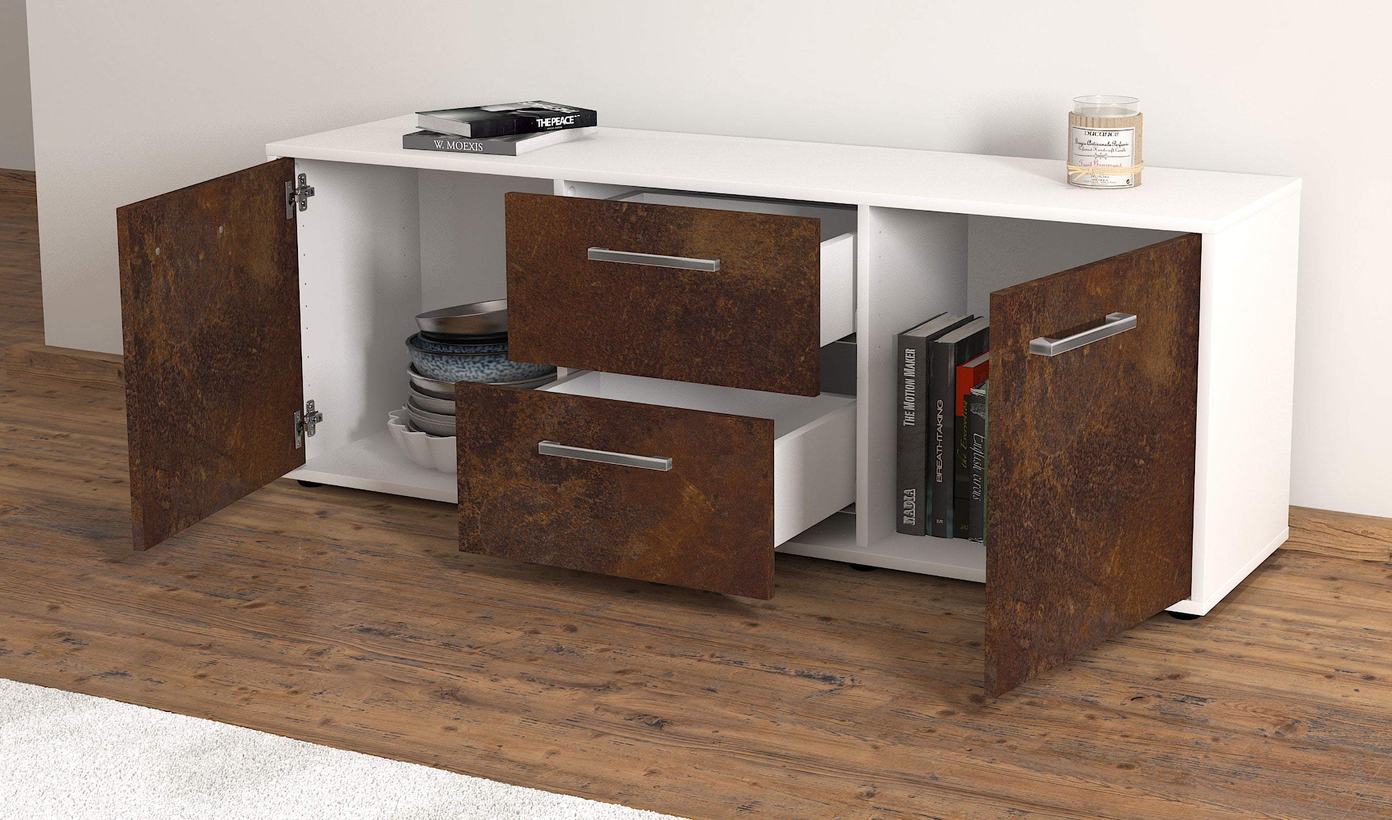 Lowboard - Alma - Design Industrie Stil - Freistehend mit Griffe 136 cm Weiss