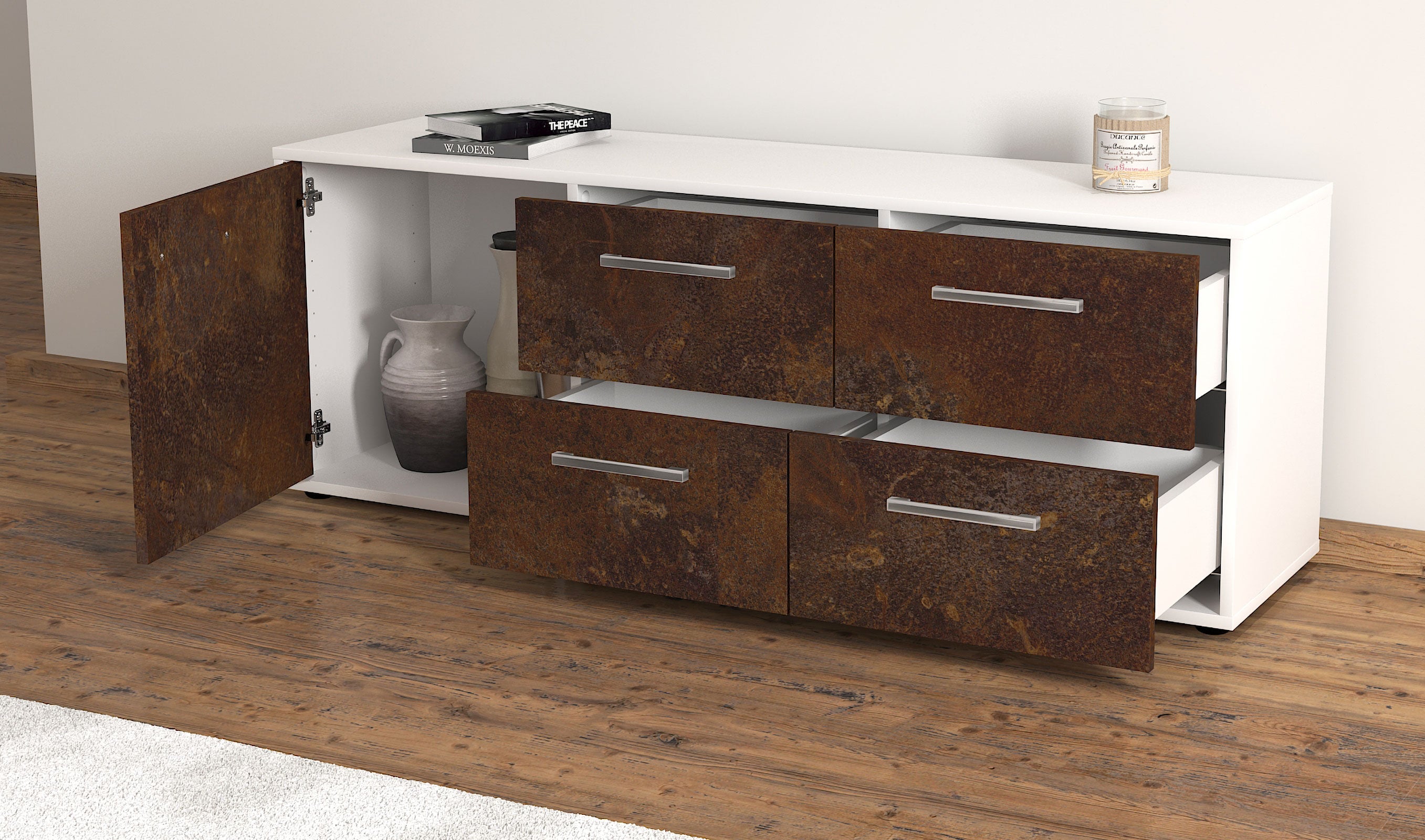 Lowboard - Aloisia - Design Industrie Stil - Freistehend mit Griffe 136 cm Weiss