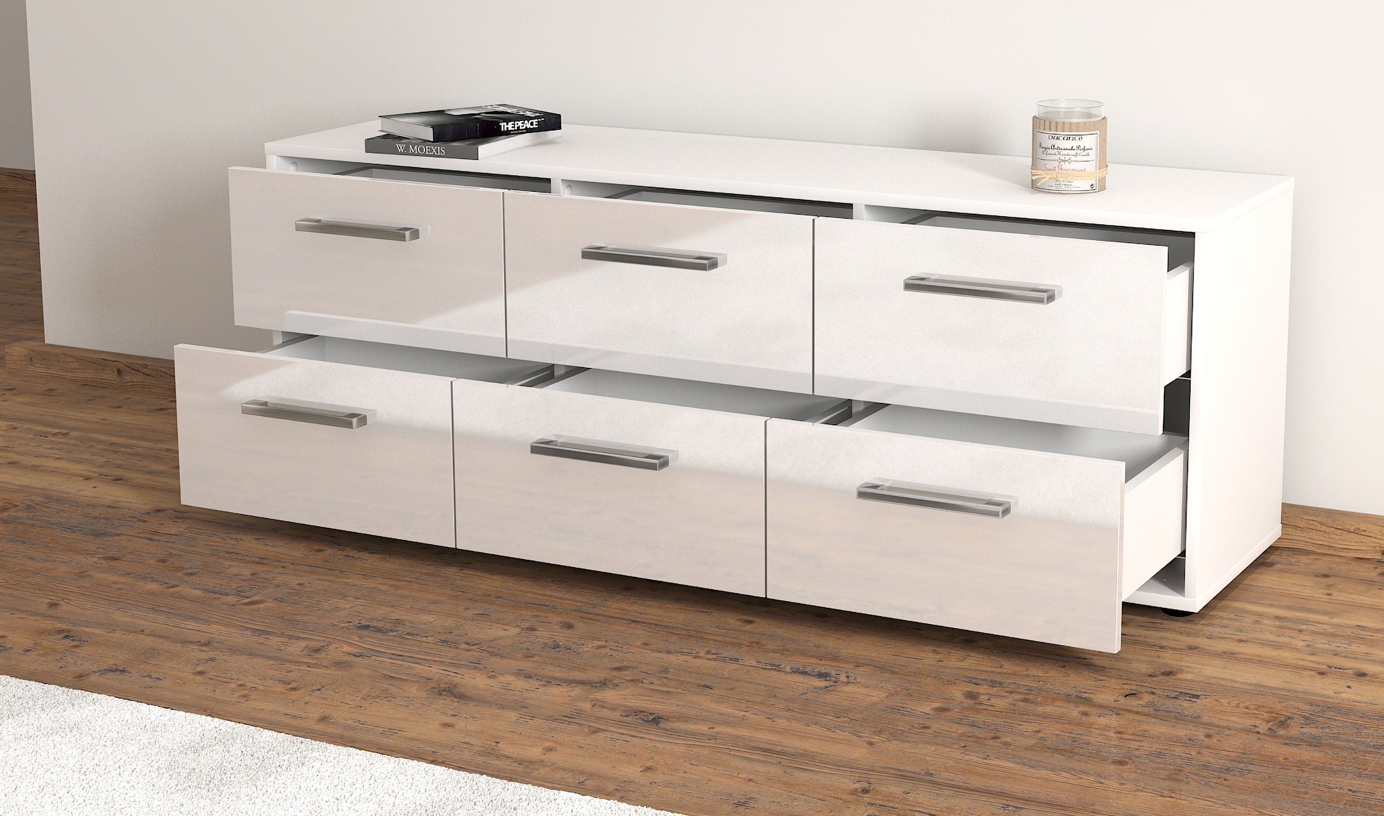 Lowboard - Alva - Design Hochglanz - Freistehend mit Griffe 136 cm Weiss