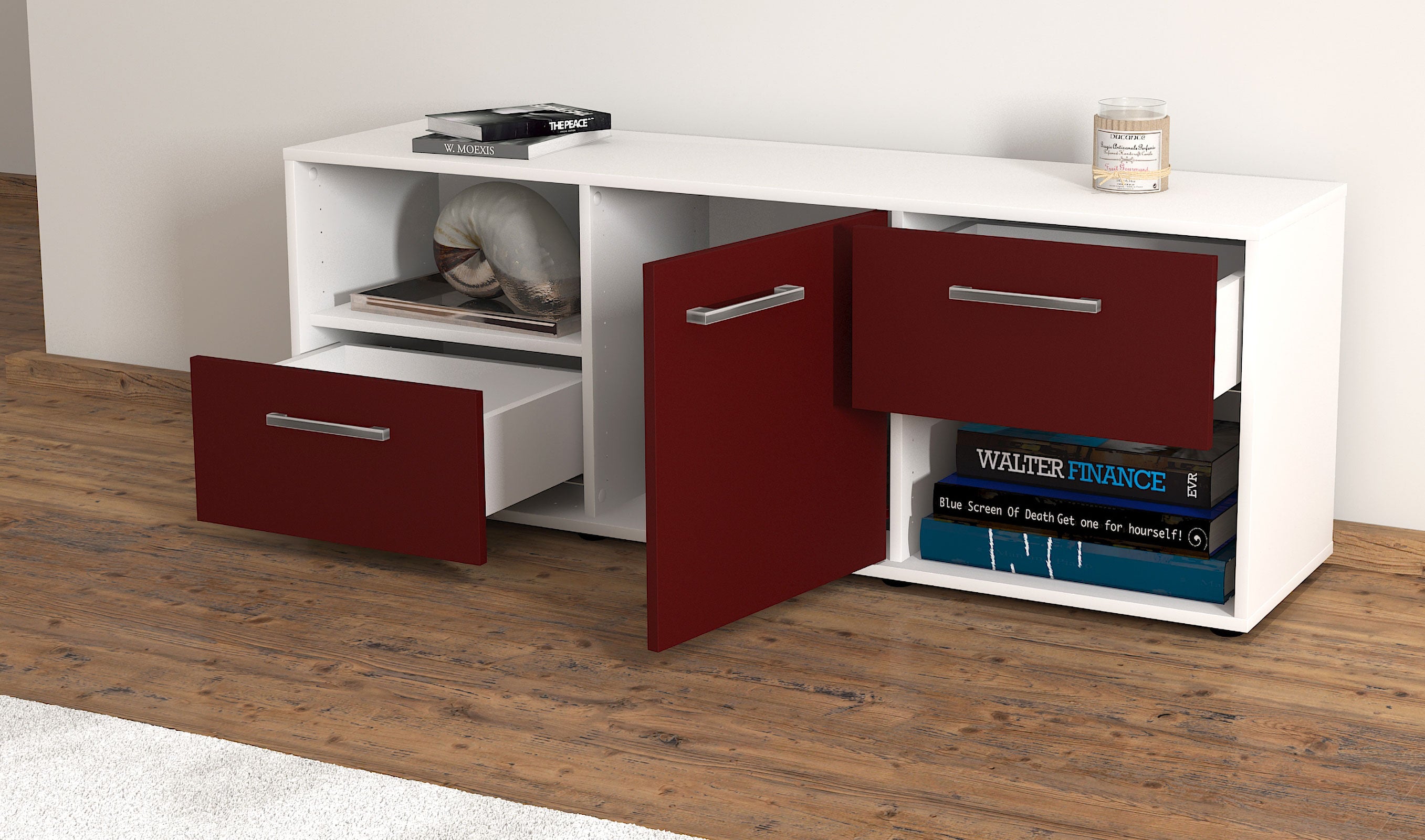 Lowboard - Ambra - Design Farbakzent - Freistehend mit Griffe 136 cm Weiss