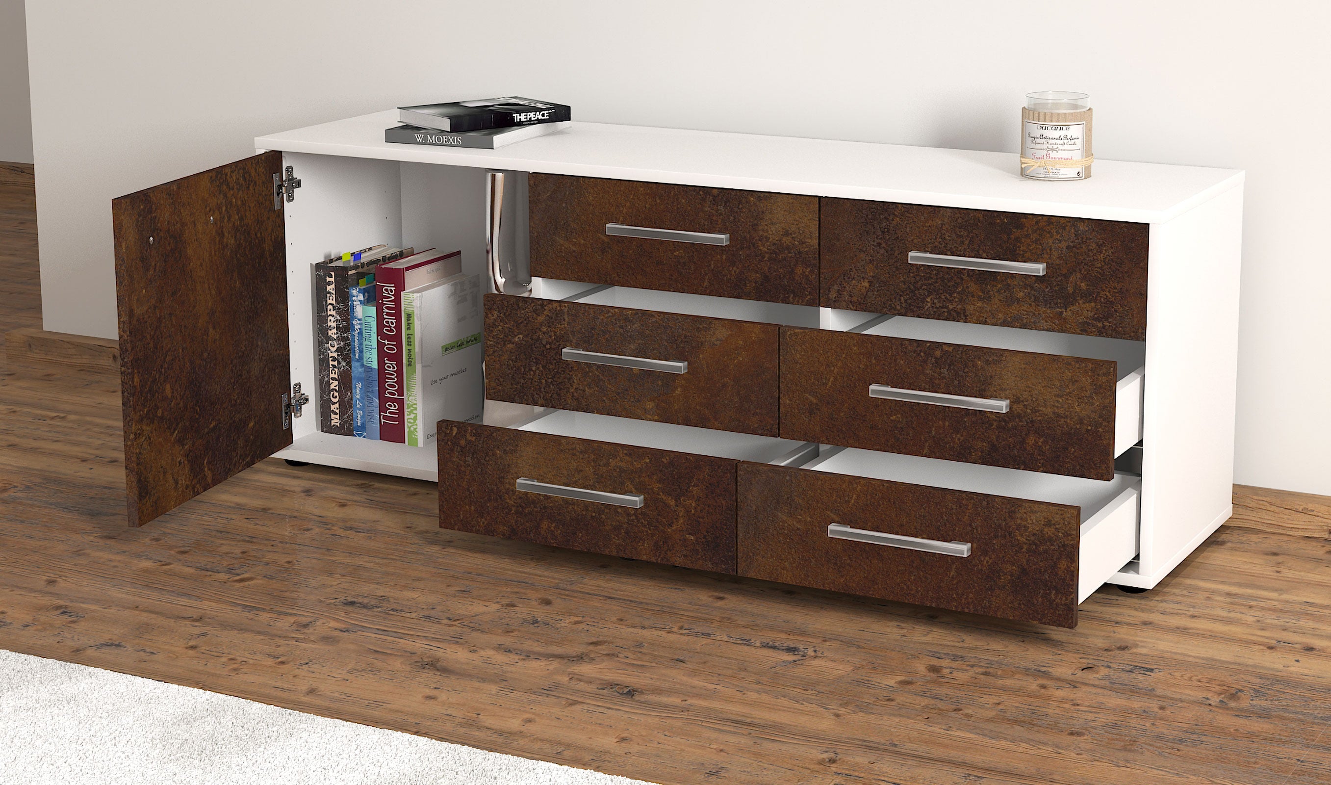 Lowboard - Amedea - Design Industrie Stil - Freistehend mit Griffe 136 cm Weiss