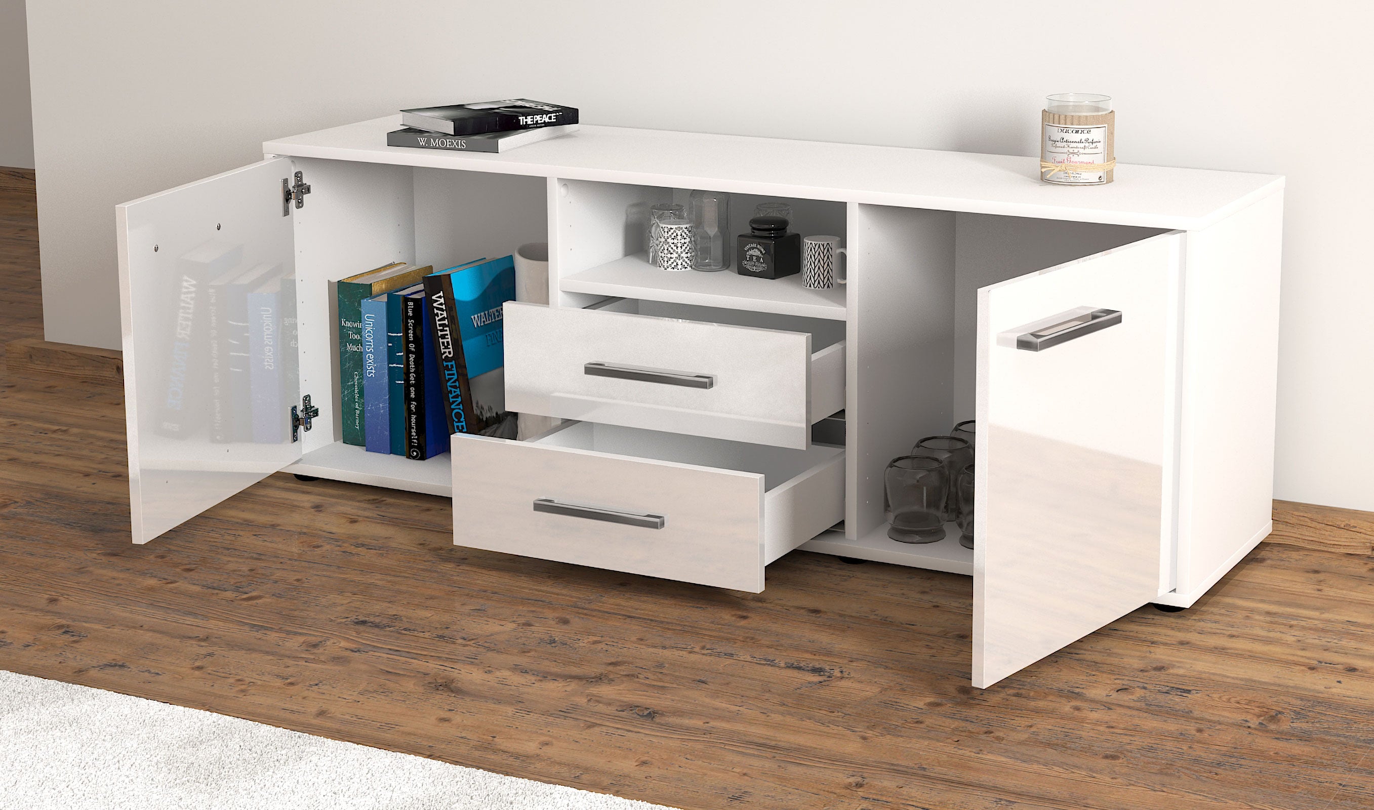 Lowboard - Ameriga - Design Hochglanz - Freistehend mit Griffe 136 cm Weiss