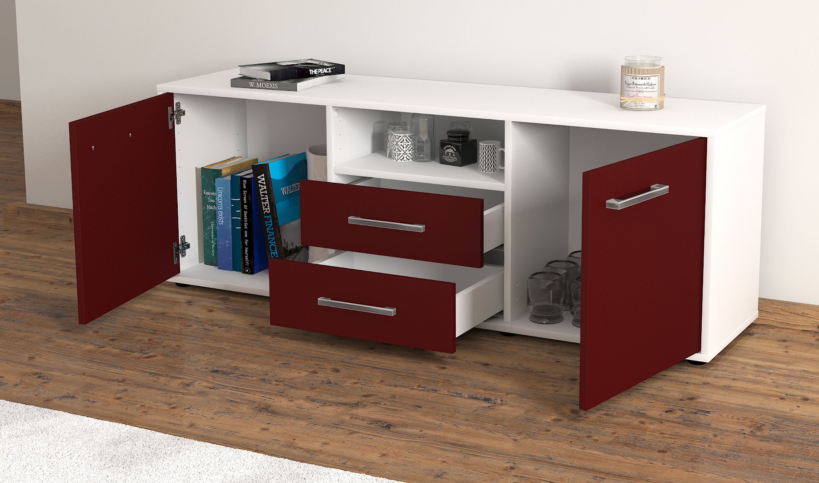 Lowboard - Ameriga - Design Farbakzent - Freistehend mit Griffe 136 cm Weiss
