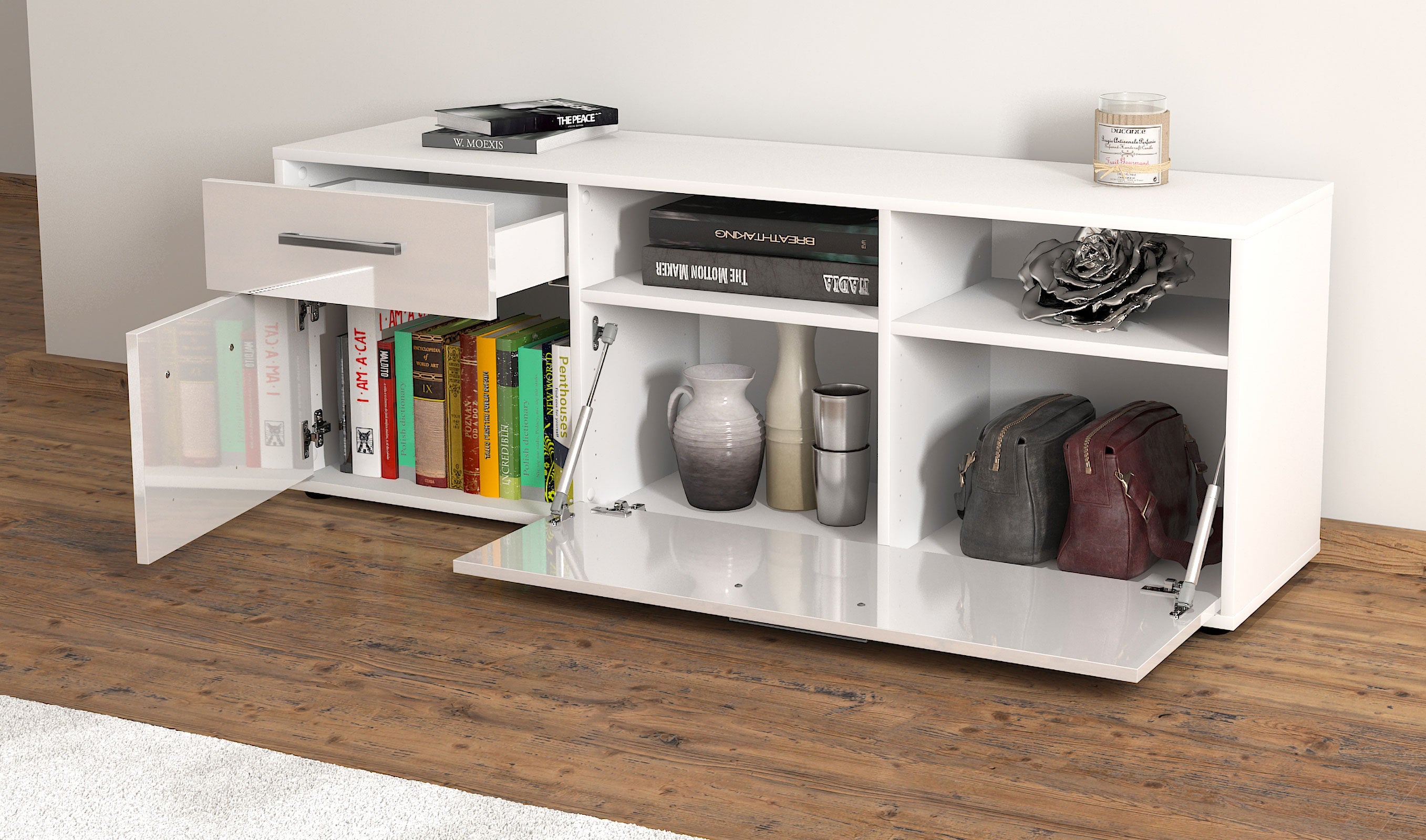Lowboard - Amisa - Design Hochglanz - Freistehend mit Griffe 136 cm Weiss