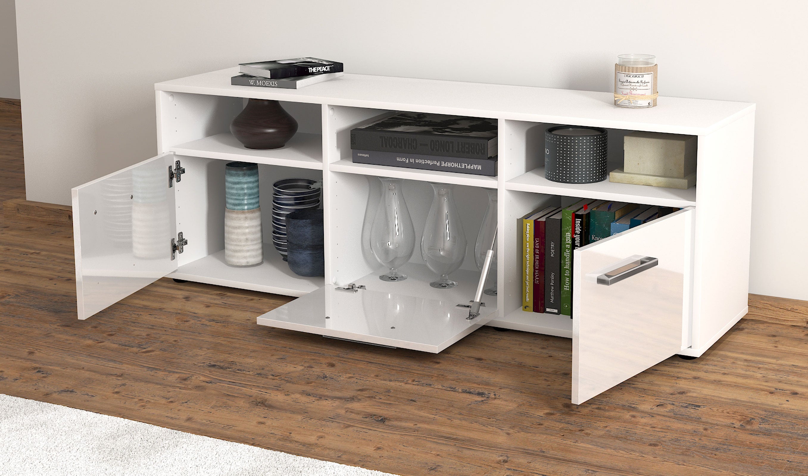 Lowboard - Andrina - Design Hochglanz - Freistehend mit Griffe 136 cm Weiss