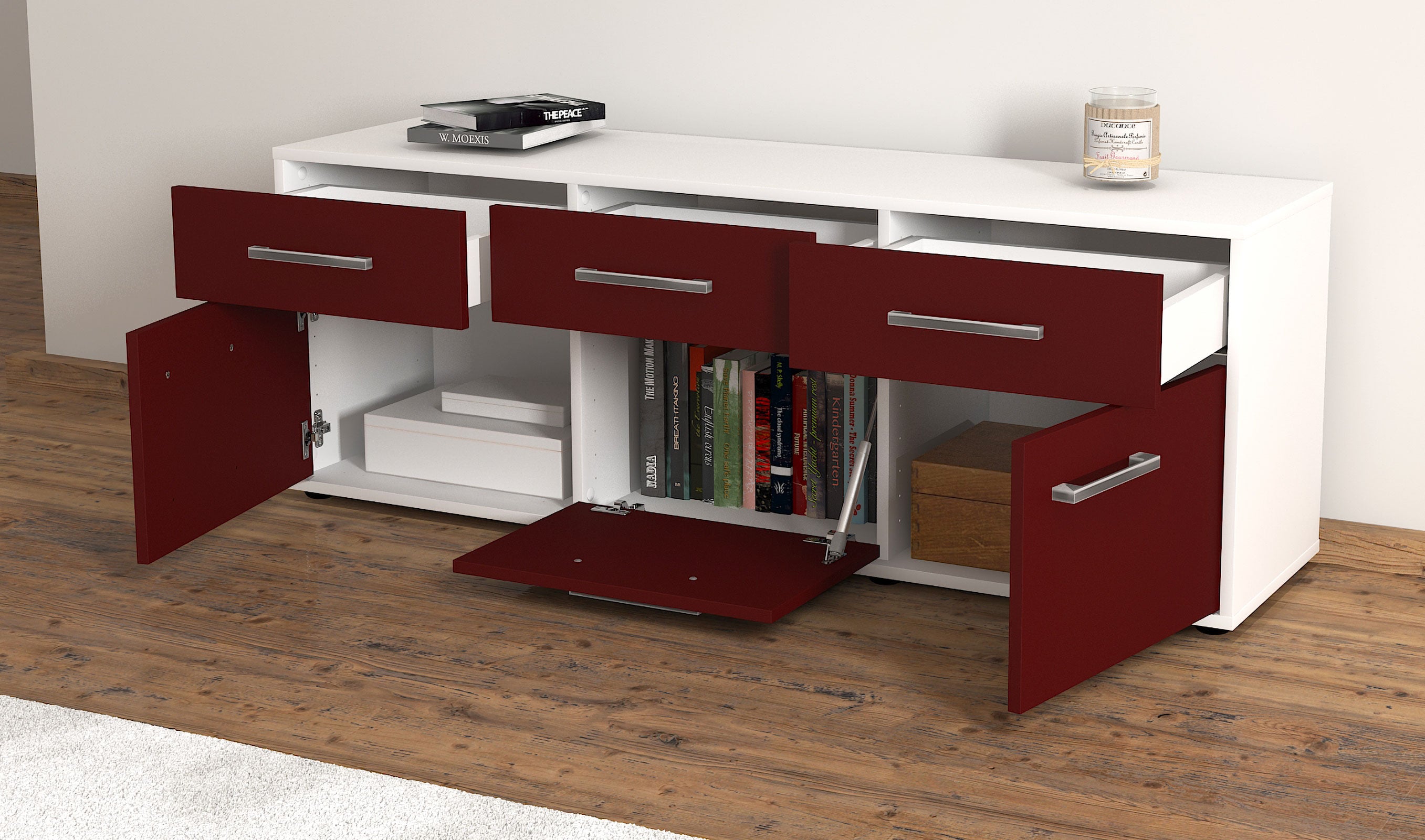 Lowboard - Angela - Design Farbakzent - Freistehend mit Griffe 136 cm Weiss