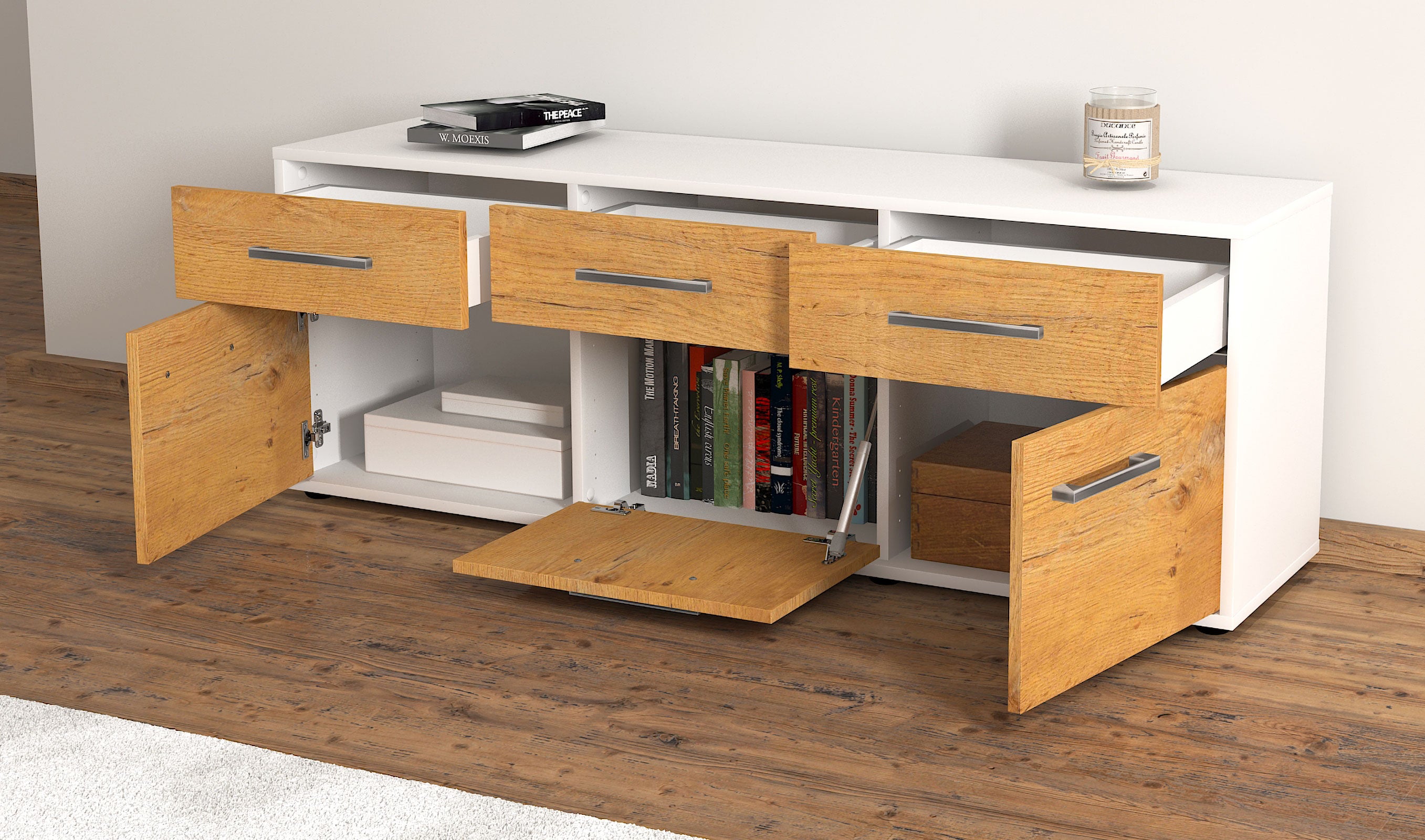 Lowboard - Angela - Design Holzdekor - Freistehend mit Griffe 136 cm Weiss