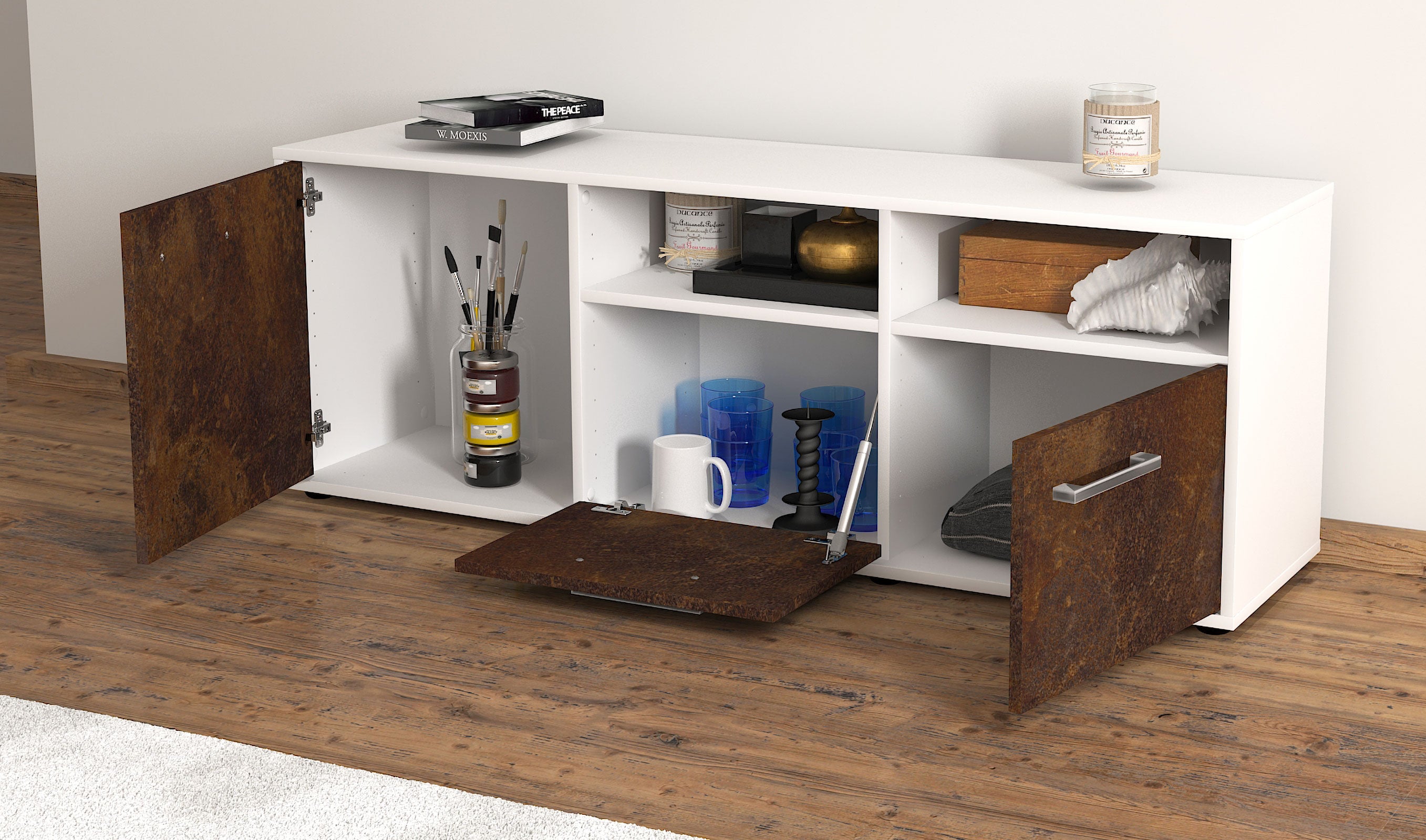 Lowboard - Angelina - Design Industrie Stil - Freistehend mit Griffe 136 cm Weiss