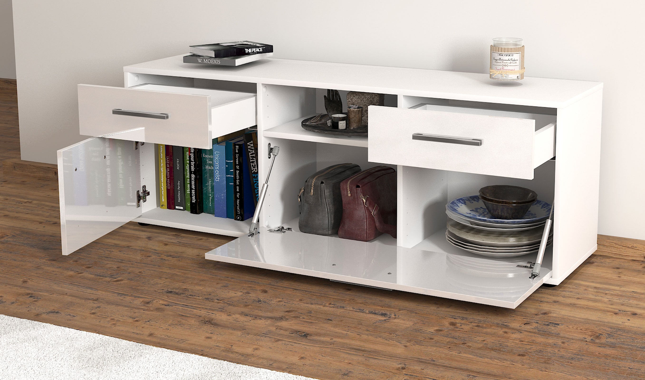 Lowboard - Anita - Design Hochglanz - Freistehend mit Griffe 136 cm Weiss