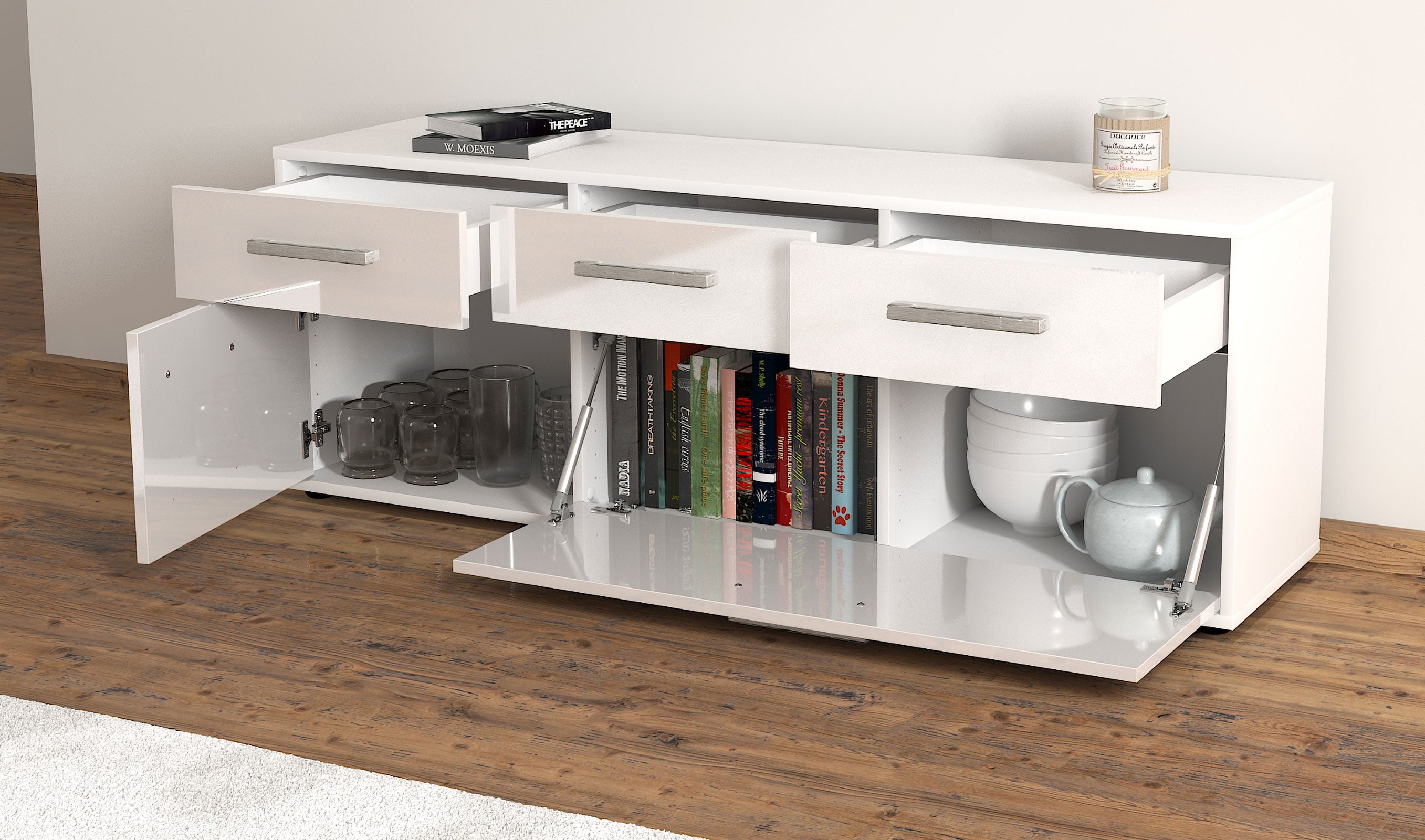 Lowboard - Anjelika - Design Hochglanz - Freistehend mit Griffe 136 cm Weiss