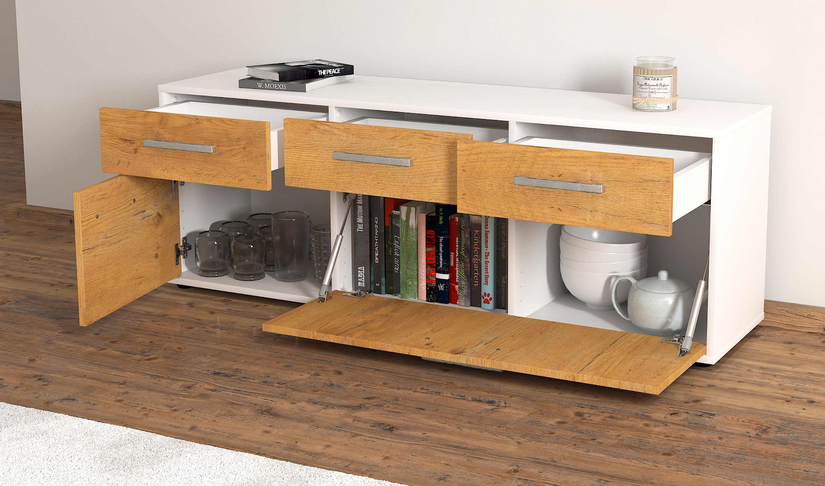 Lowboard - Anjelika - Design Holzdekor - Freistehend mit Griffe 136 cm Weiss