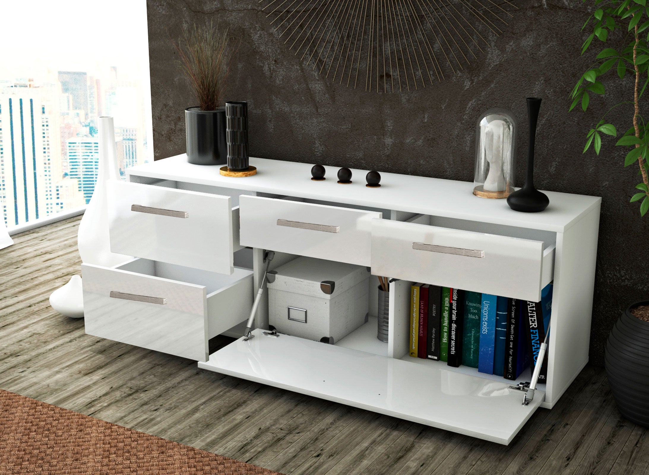 Lowboard - Anna - Design Hochglanz - Freistehend mit Griffe 136 cm Weiss