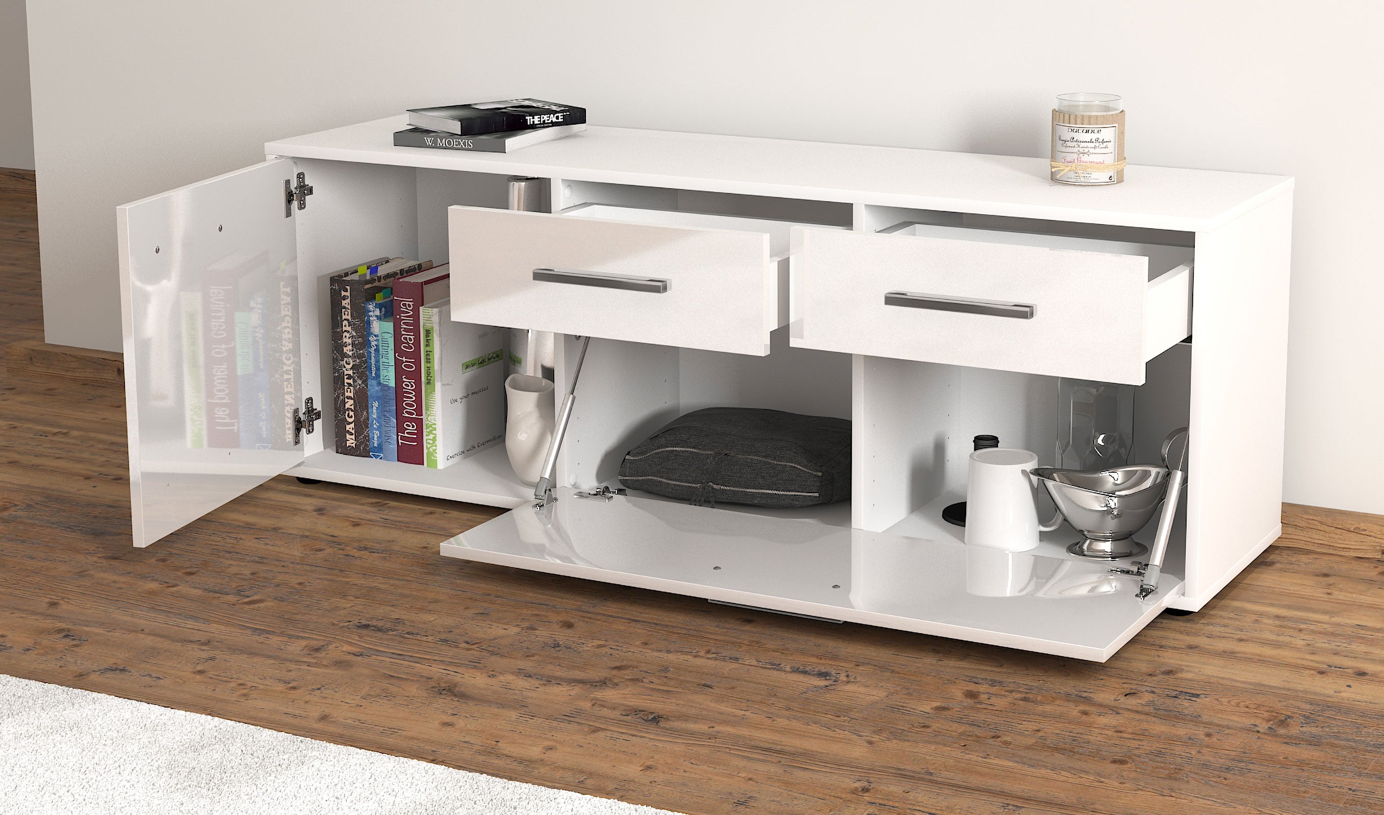 Lowboard - Annabell - Design Hochglanz - Freistehend mit Griffe 136 cm Weiss